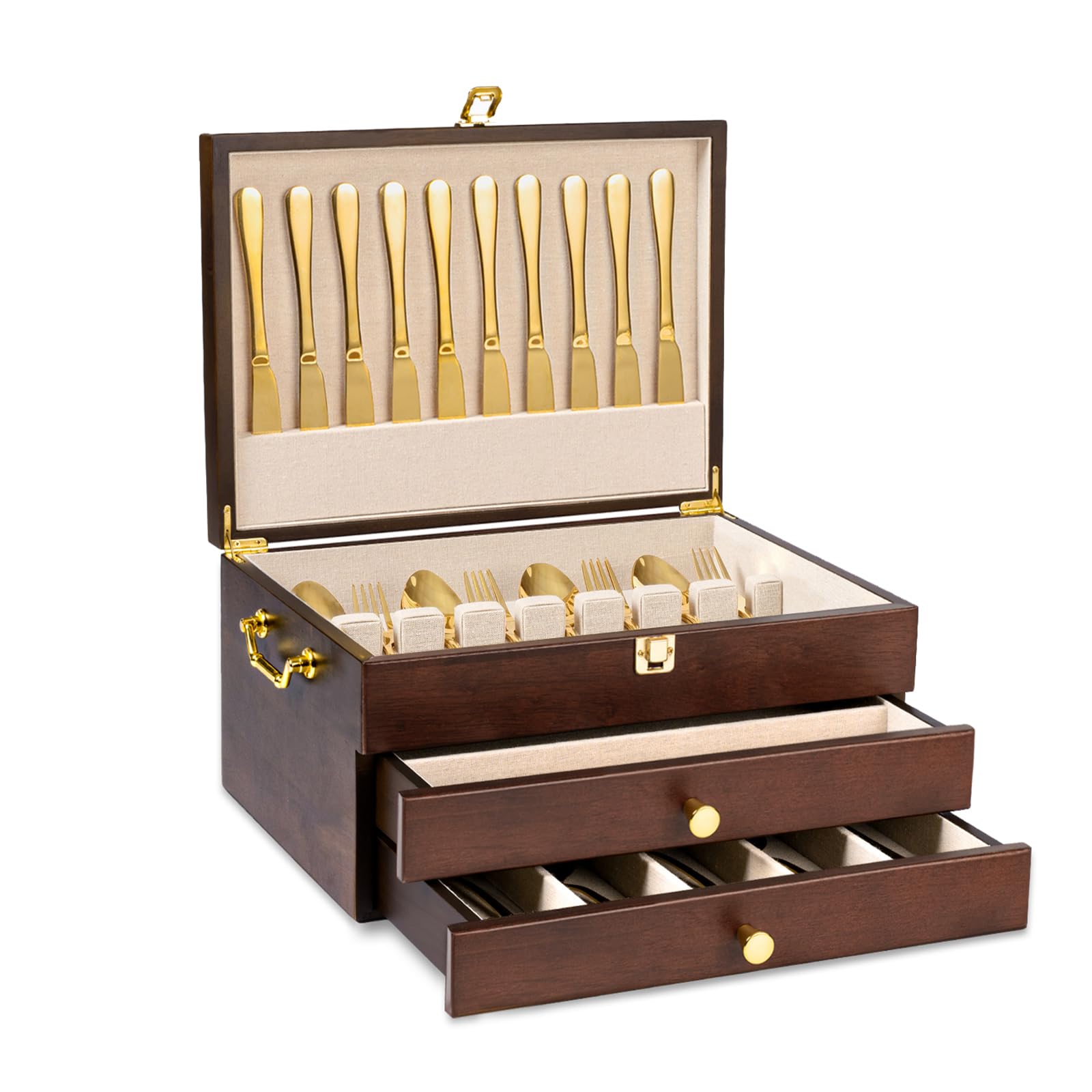Caja de almacenamiento de cubiertos, caja de almacenamiento de cubiertos de 3 capas con cajón, baúl de cubiertos de madera con asa y forro de lino, funda rústica para guardar cubiertos y