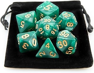 Kit 7 Dados RPG de Mesa D&D Opaco Perolado D4 D6 D8 D10 D10% D12 D20 Cor VERDE ROYAL + 1 Bolsa