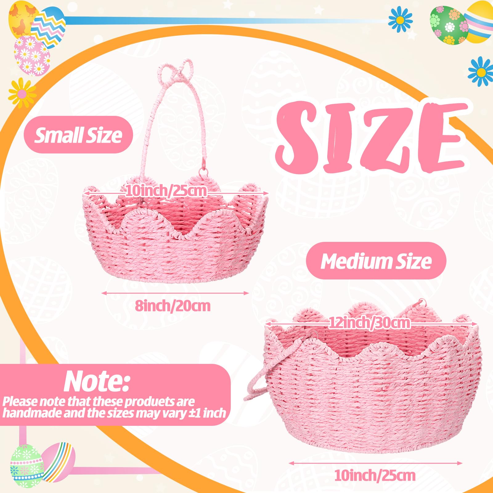 FoldTier 2 Stück rosa Oster-Geschenkkorb leer mit Griff, gewebtes Papierseil, Osterkorb zum Verschenken, Aufbewahren, Versammeln, Futtersuche, Gartentrug, Dekoration, groß und mittelgroß, 30,5 x 25,4