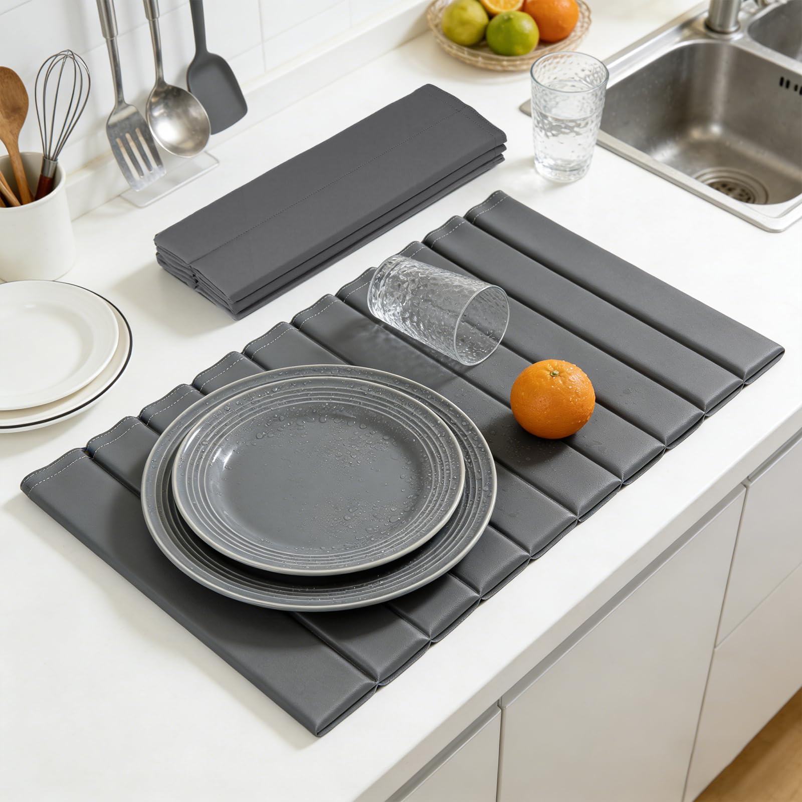 SelfTek Stein-Trockenmatte für die Küche – Kieselgur, Stein-Abtropfmatte für Küchentheke mit abnehmbarem PU-Lederbezug, faltbar, schnell absorbierend, schnell trocknend, für Geschirr, 63 x 40 cm