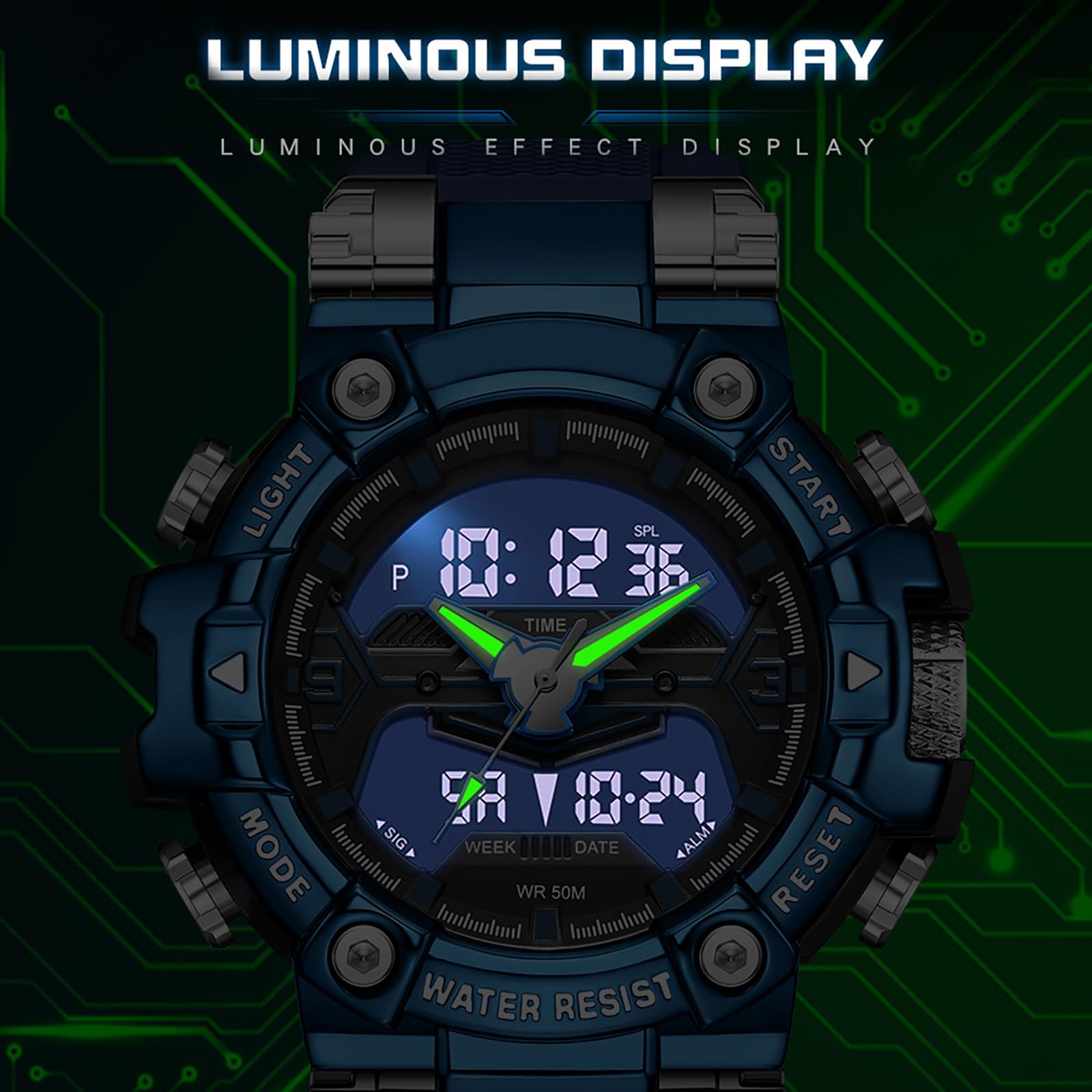 findtime Reloj militar analógico digital para hombre con cronómetro, reloj despertador 12/24H, reloj táctico, gran reloj deportivo para hombres y niños, 5 ATM, resistente al agua, para exteriores