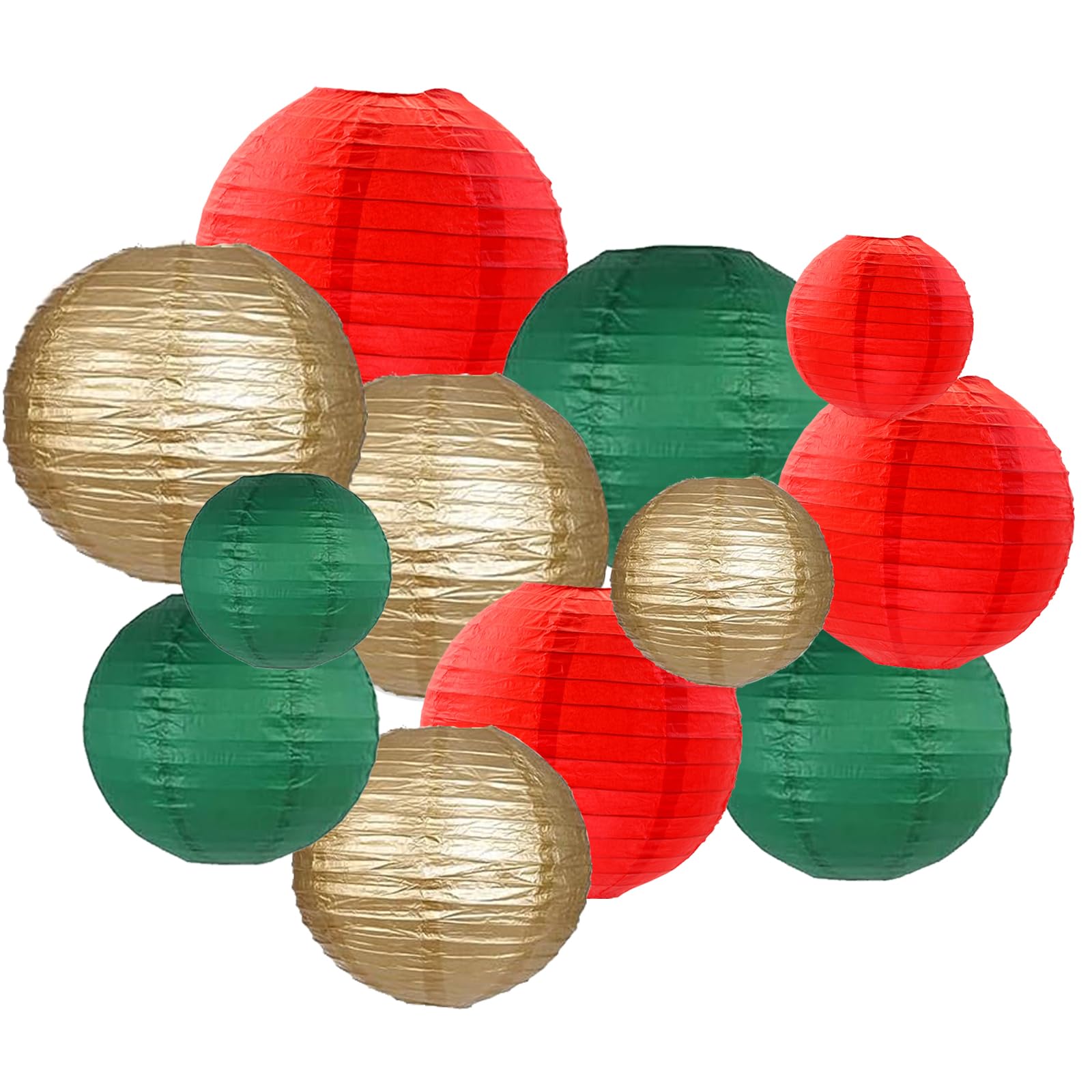 ZYOOO 12pcs Paper Lanterns,15/20/25cm Round Hanging Paper Lanterns Decoration for Birthday Party,Wedding,Graduations,Christmas Garden Decoration(Red,Green,Gold)