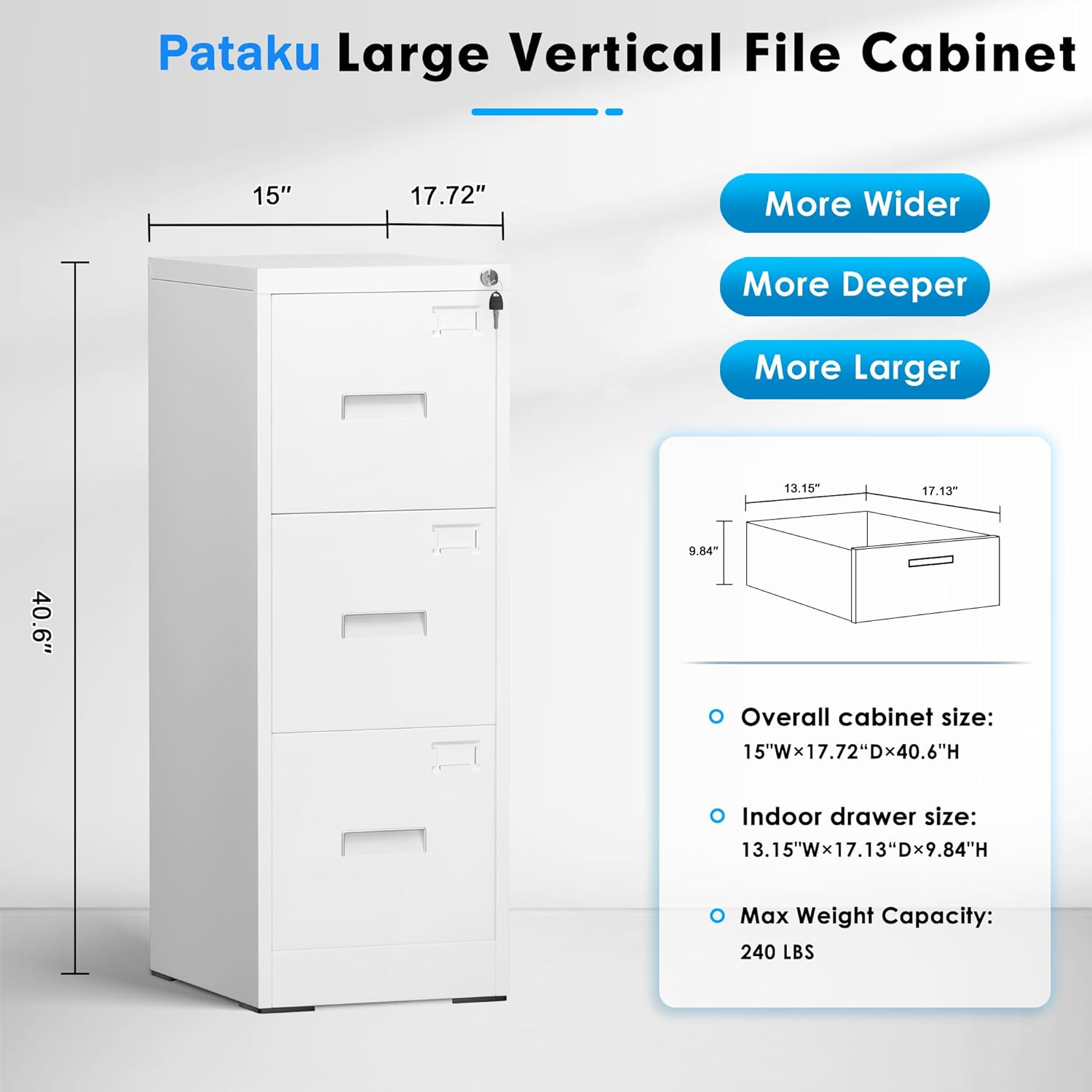 Pataku 3 Drawer File Cabinet with Lock, 18" D Locking File Cabinets, Black Vertical Filing Cabinet for Home Office, Metal Filing Cabinets for Home Office, Easy Assemble (White)
