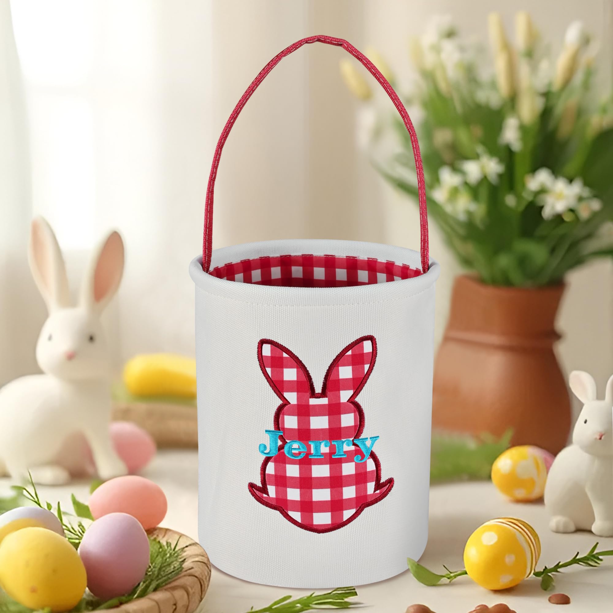 Easter Basket for Kids, VAPCUFF Easter Bunny Basket, Personalized Easter Baskets, Easter Basket with Name - - Red Grid Bunny