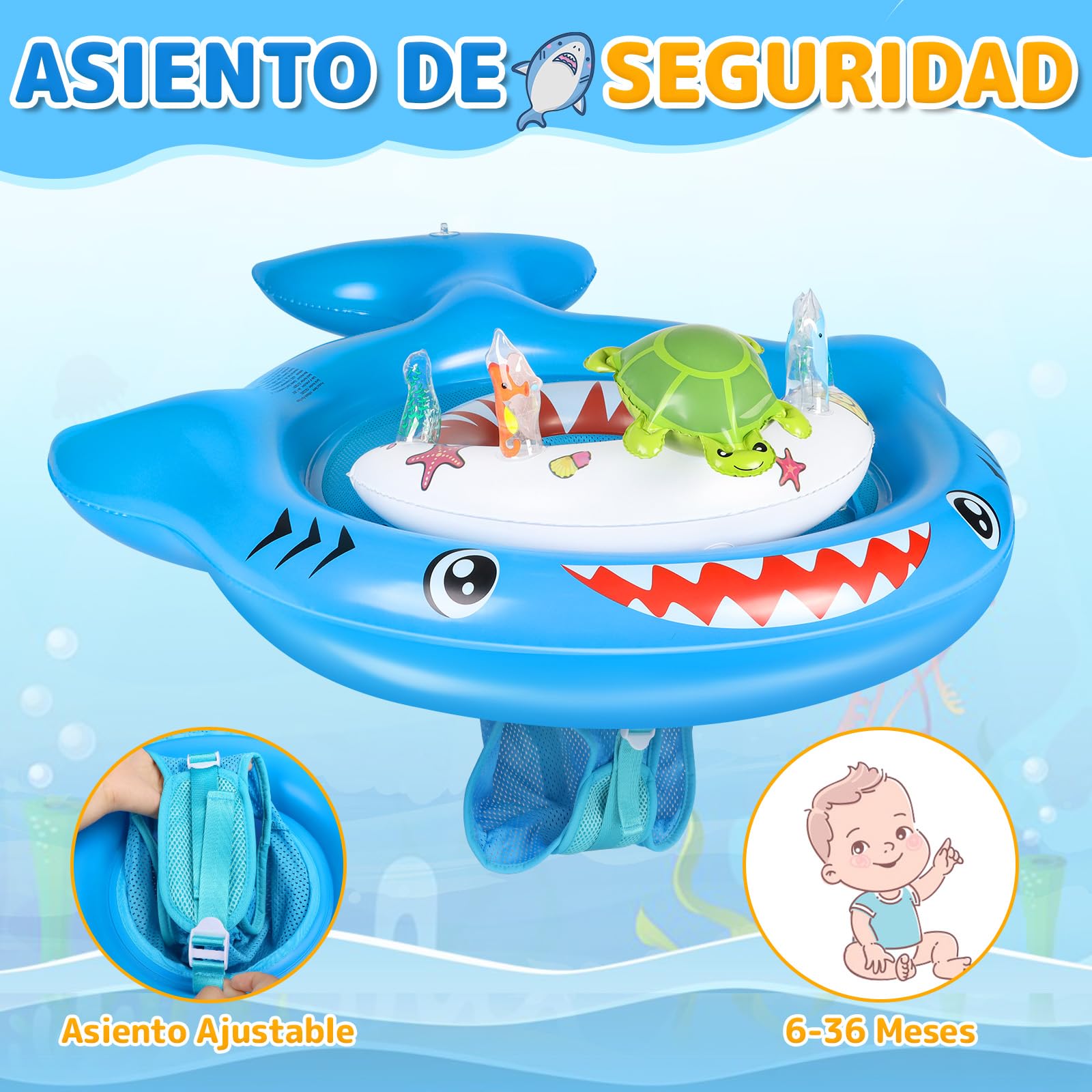 IEEILULU Flotador Bebe con Sombrilla, Flotador Antivuelco Bebe, Ajustable Sombrilla UPF50+ Flotador Piscina con Juguete en Forma de C de Tortuga y Pegatina de Reparación para 3-36 Meses