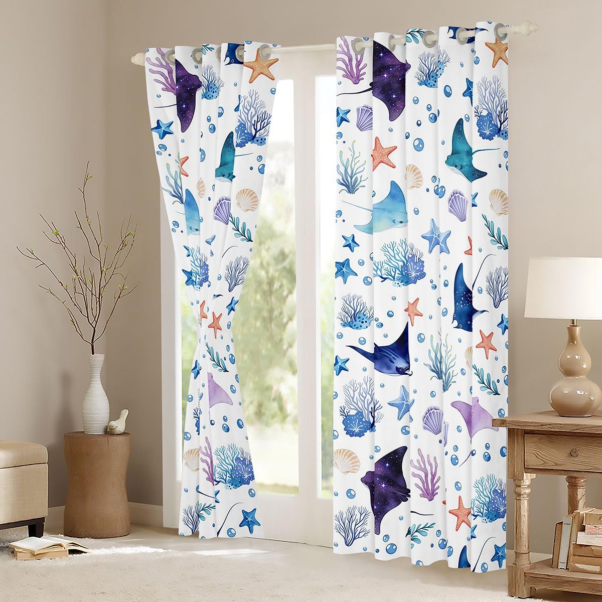Homemissing Manta Ray - Tende oscuranti per camera da letto, soggiorno, tema oceano, stella marina, tende oscuranti, motivo creatura subacquea, tendaggi per finestre, 2 pannelli, 132 x 228 cm
