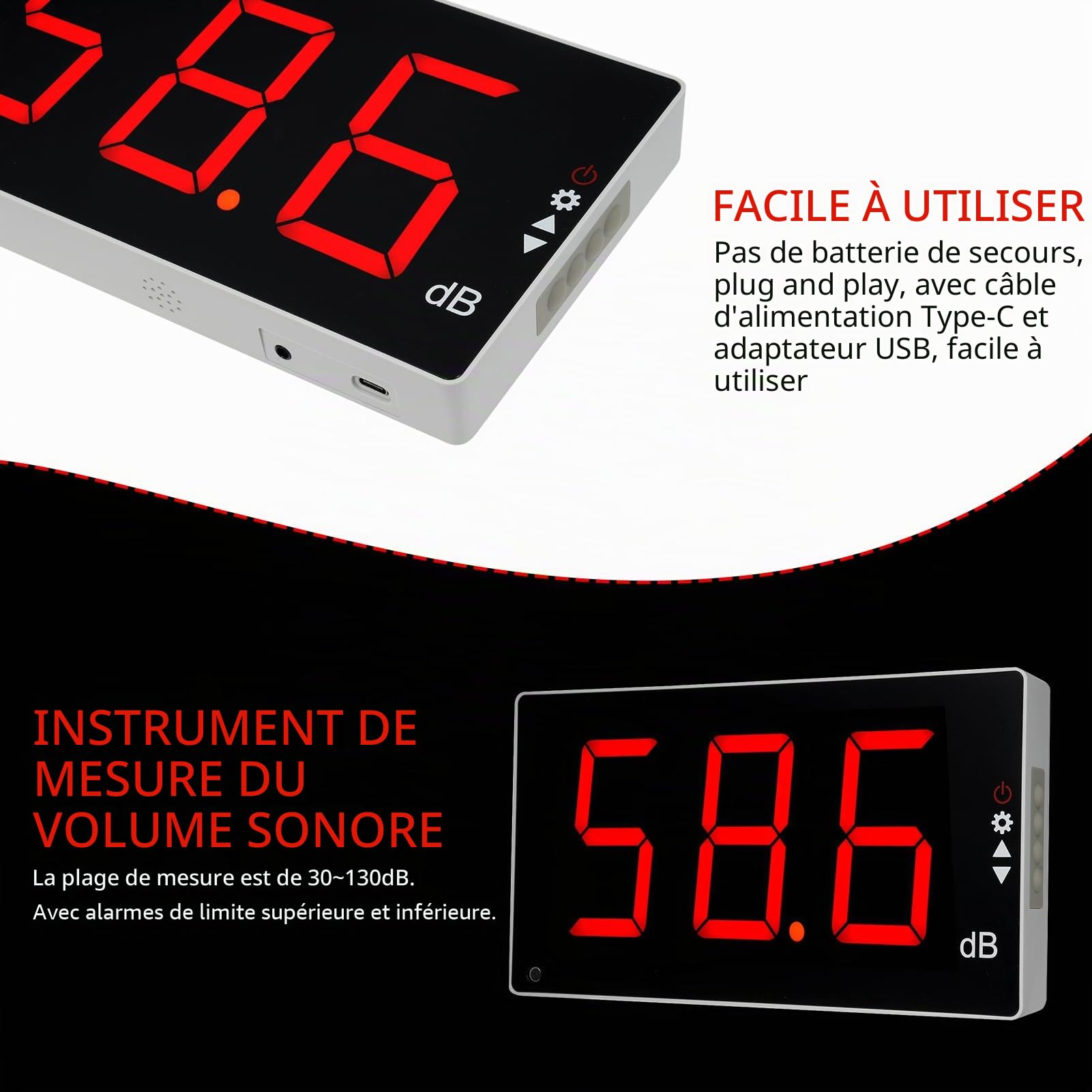 Irfora Sonomètre à grand écran LCD - Sonomètre numérique mural - Testeur de bruit numérique - Testeur de contrôle des décibels - Niveau sonore - Plage de mesure de 30 à 130 avec