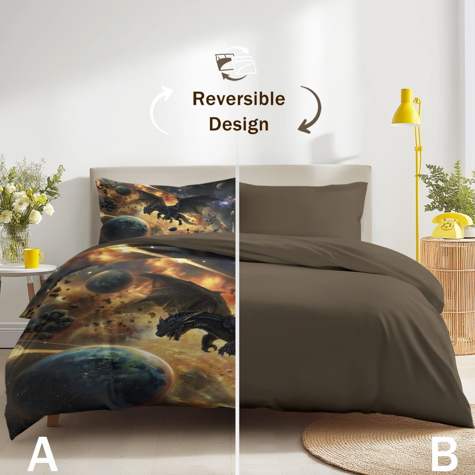 Zestaw poszewek na kołdrę, Easy Care Bedding Bedding Bed Set Double Size 79" x 79", Fantasy Cool Gaming Universe Mysterious Space Planets Dragon Duvet Covers with 2 Matching Pillowcases 50 x 75 cm for