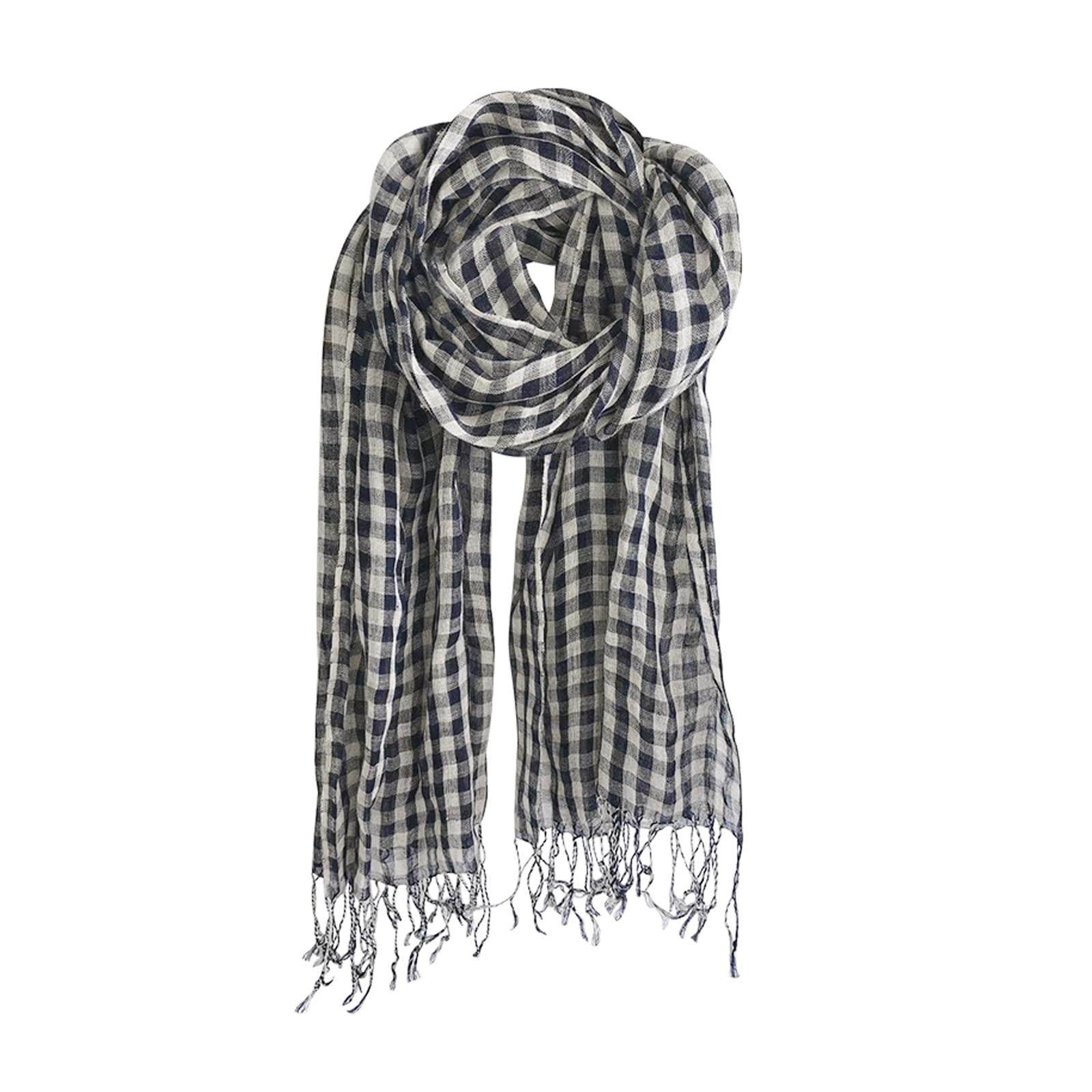 Lumisyne Unisex Navy Blue Small Plaid Fashion Scarf For Women Men Flax Linen Classic Plaid Striped Print Lightweight Breathable Scarves Warm Stole Sunscreen Shawl Wrap All Season