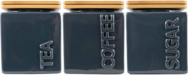 Itucci Set of 3 Ceramic Nautical Tea Coffee Sugar Canisters, Jars, Set, Airtight, Wooden Rustic Lids