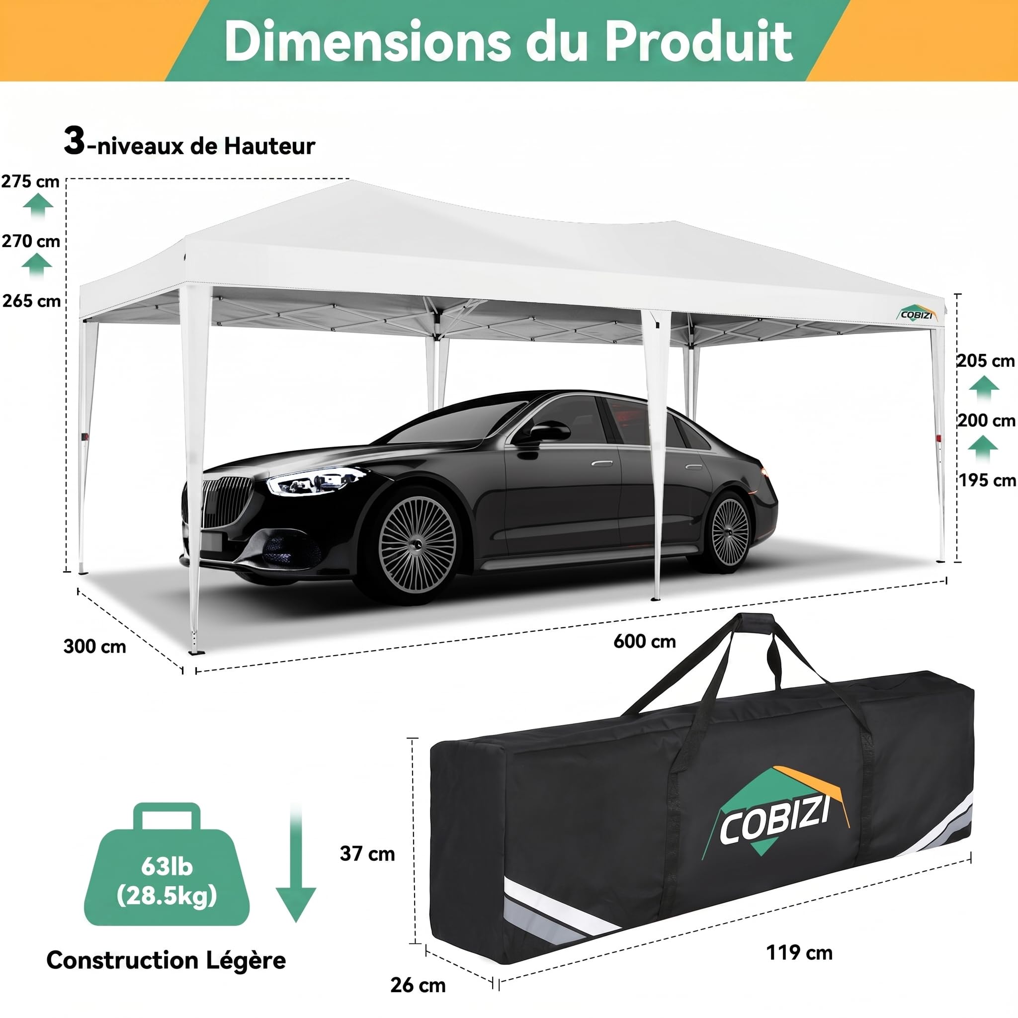 COBIZI Tonnelle Pliante 3x6 Imperméable, Barnum Pliant 3x6m, Pop Up Tente avec 6 Panneaux latéraux, Stable, Protection UV, Hauteur réglable, pour Plage, Mariage, Camping, Blanc