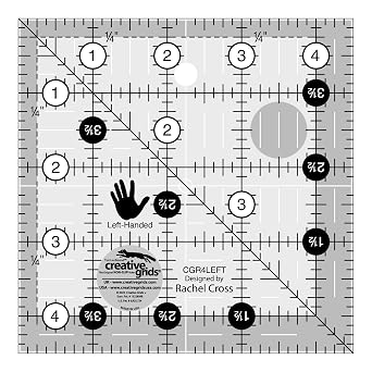 Creative Grids Quilt Ruler 4-1/2in x 4-1/2in Square CGR4LEFT Made in USA, Non-Slip Grip Acrylic Quilting, Sewing, Crafting, Patchwork Ruler for Measuring & Cutting Fabric