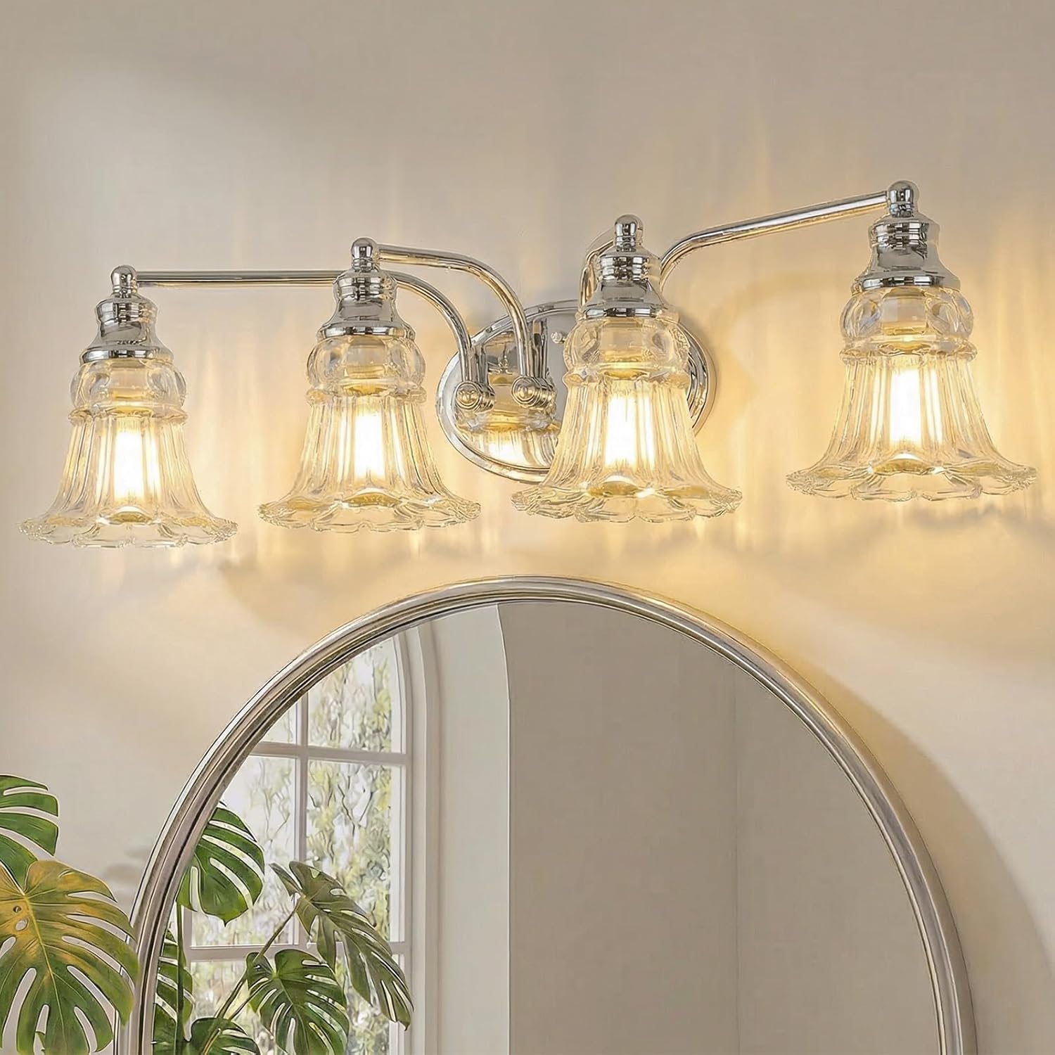 3-Light Bathroom Light Fixtures Over Mirror, Vintage Vanity Lights with Clear Floral Glass Shades, Oil Rubbed Bronze
