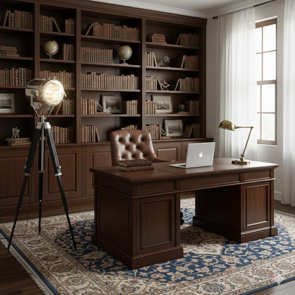 Modern Industrial Spotlight Floor Lamp with Adjustable Black Wooden Tripod Stand & Chrome Finish | Vintage Interiors Studio Searchlight Design for Living Room, Office & Home Decor Lighting.