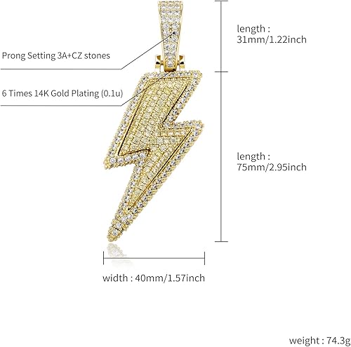 Miniatura 9 de JINAO Hip Hop - Colgante con diseño de rayo chapado en oro de 18 quilates con circonita cúbica helada y diamante de imitación micropave para hombres