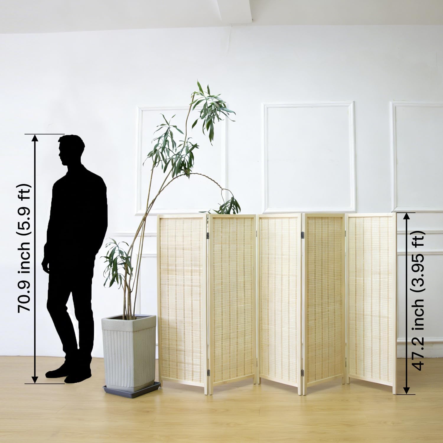 furnnylane 5 panel short room divider screen,beige freestanding partition,small bamboo panel divider for room seperation,3.95 ft tall beige 5 panel
