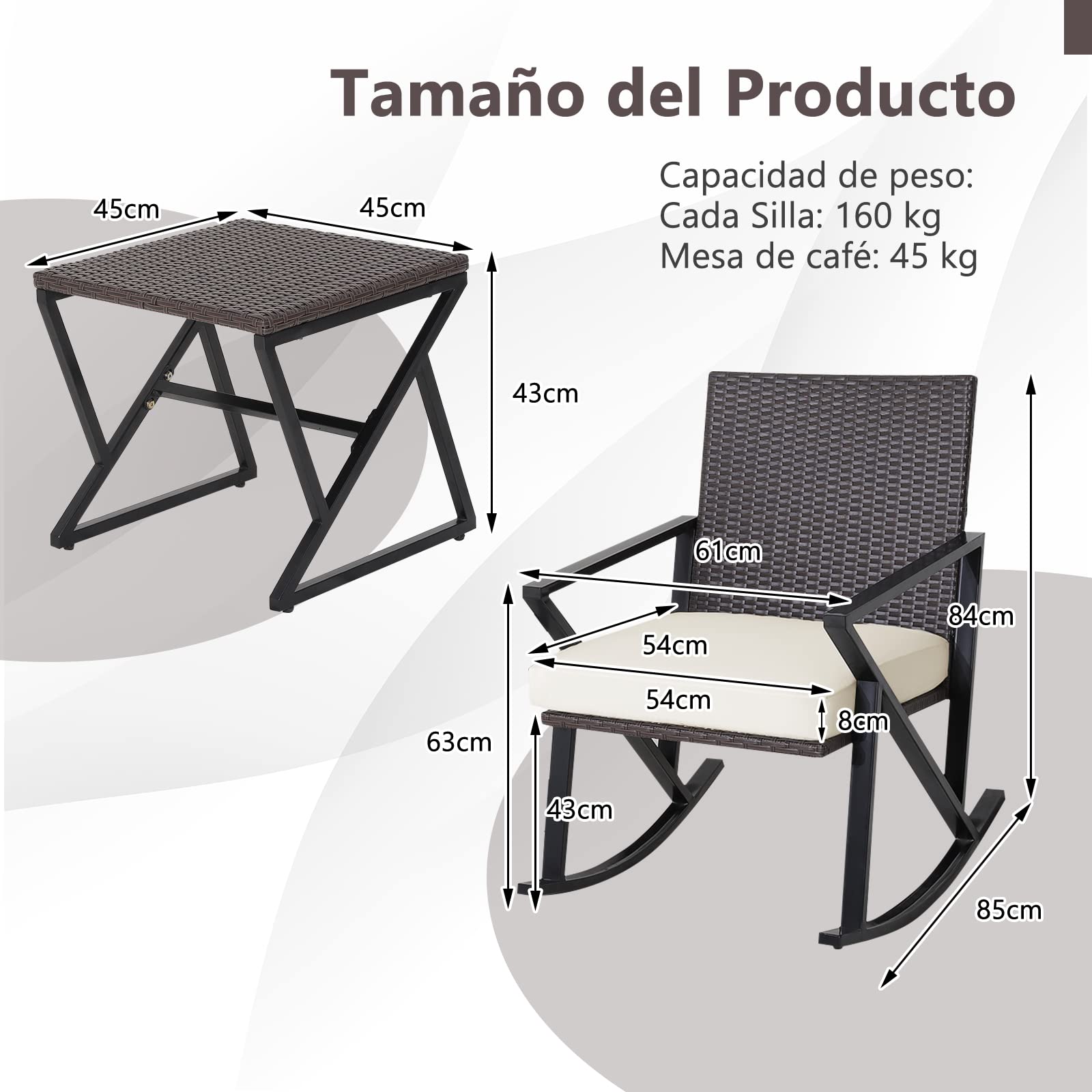 COSTWAY Conjunto de Mecedora de Jardín 3 Piezas, Sillas de Mecedora de Mimbre PE con Cojín Lavable y Mesa Auxiliar, Mesa y Sillas Terraza, Piscina, Balcón