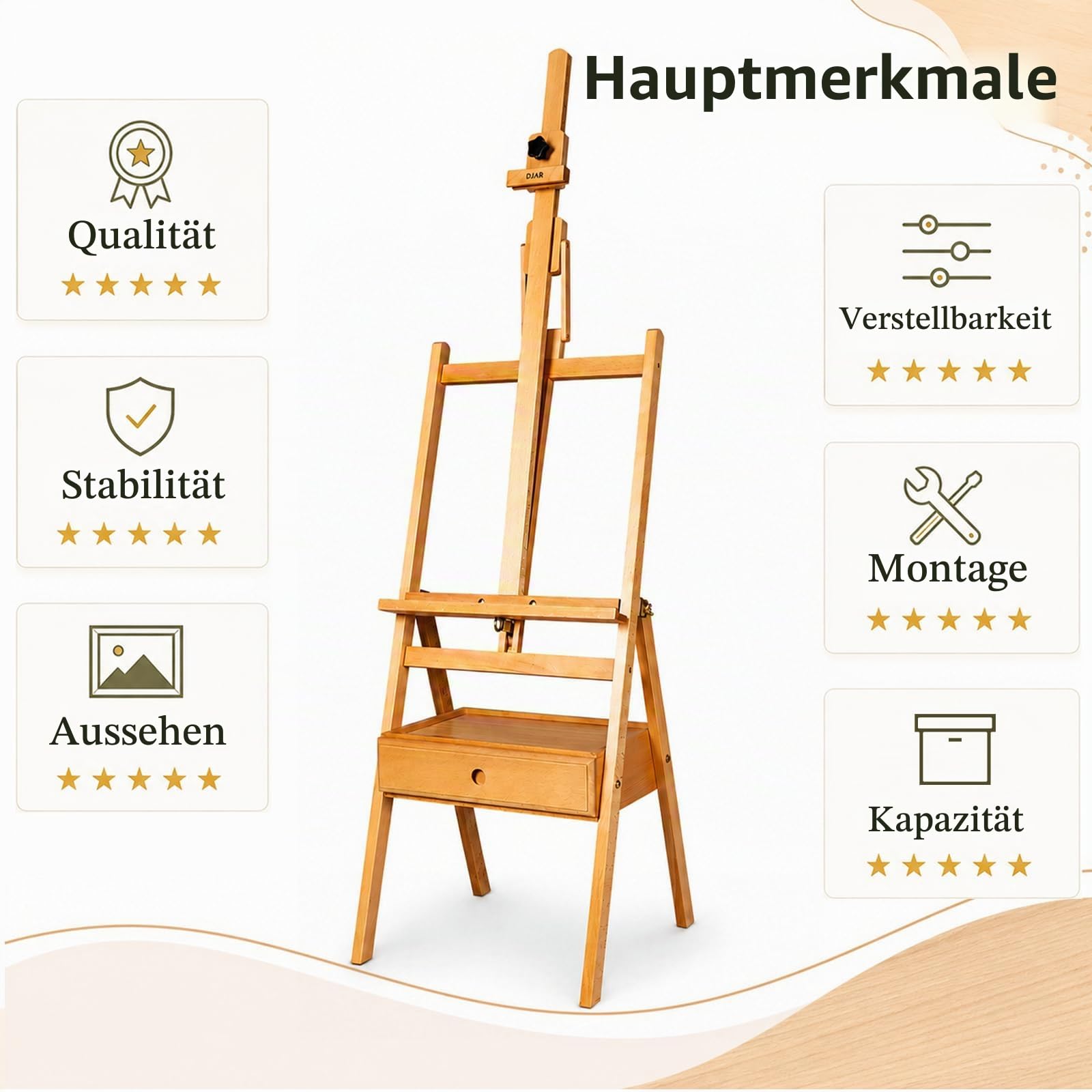 DJAR Atelierstaffelei mit Schublade, Verstellbare H-Rahmen Bodenstaffelei aus Buchenholz für Künstler & Studenten, Hält Leinwände bis 91 cm, Natur