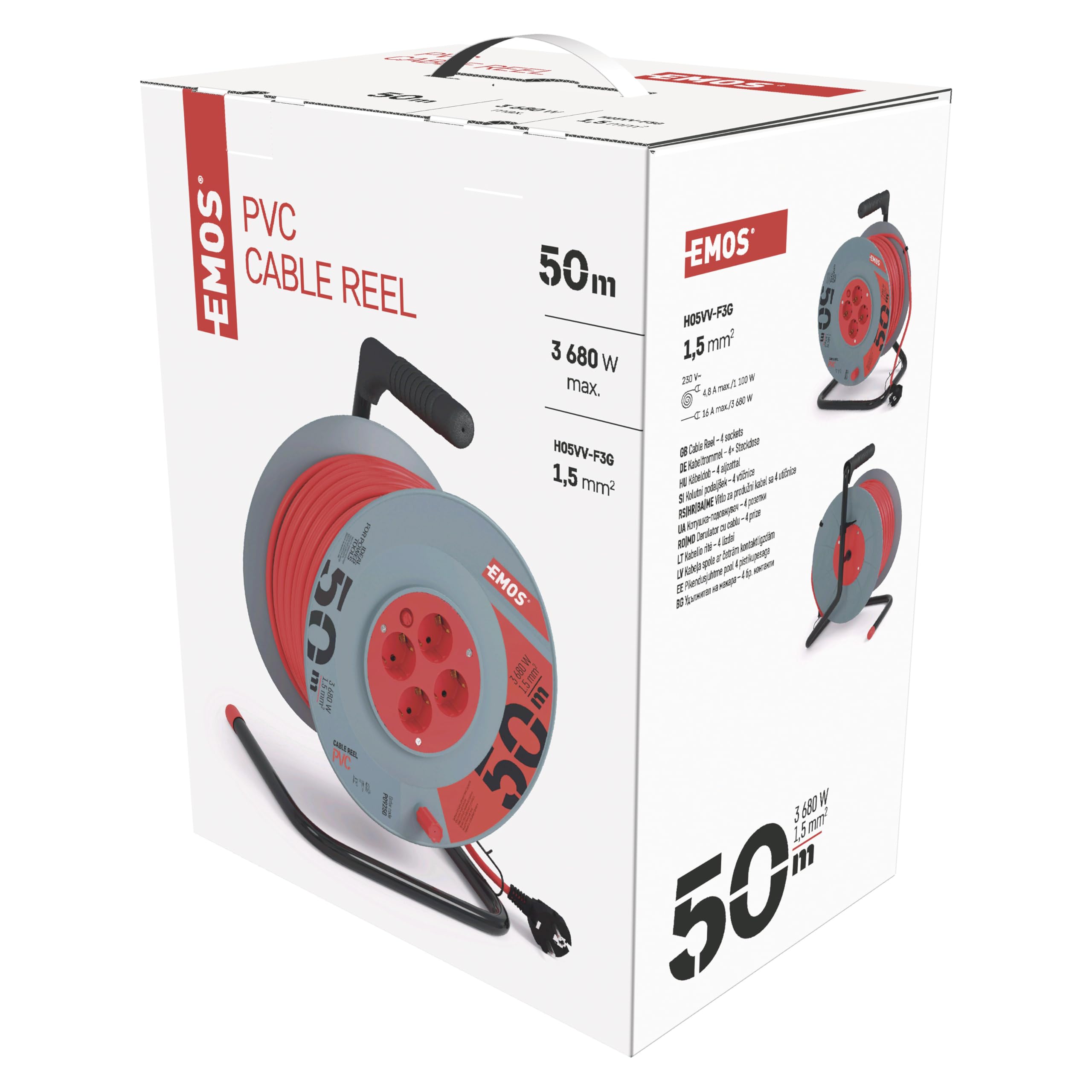 EMOS - Tambor de Cable de 50m - 4 enchufes Schuko - 230 V, 16 A, 3680 W - Aislamiento PVC H05VV-F3G 1,5 mm2 - Protección contra sobrecalentamiento - IP20 para Interiores