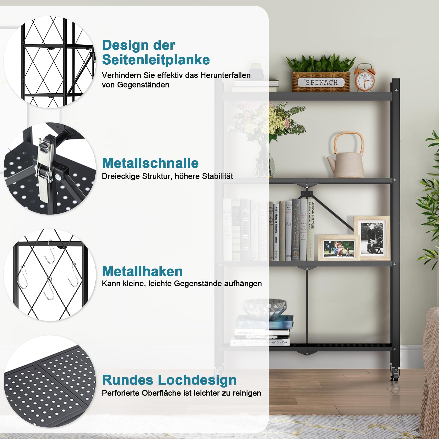 Klappbares Regal mit Rollen Küchenregal stehend 4 Etagen Standregal Metallregal Schwarz 71x34x121cm Klappbares Regal Lagerregal für die Küche Büro Wohnzimmer 1 Set