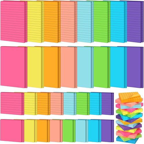 64 paquetes de notas adhesivas forradas con líneas, notas adhesivas de colores brillantes surtidos para escuela, hogar, oficina, productos, correos,