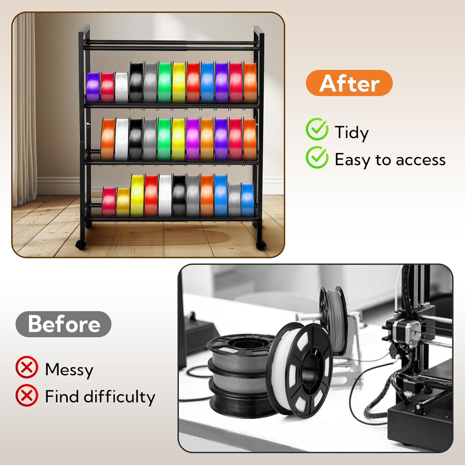 3D Printer Filament Storage Rack - Rolling Filament Spool Holder Shelf with Wheels, Heavy Duty Metal Cart for PLA/ABS/TPU/Nylon, Filaments Organzied for 3D Printing Studio, Office Workshop