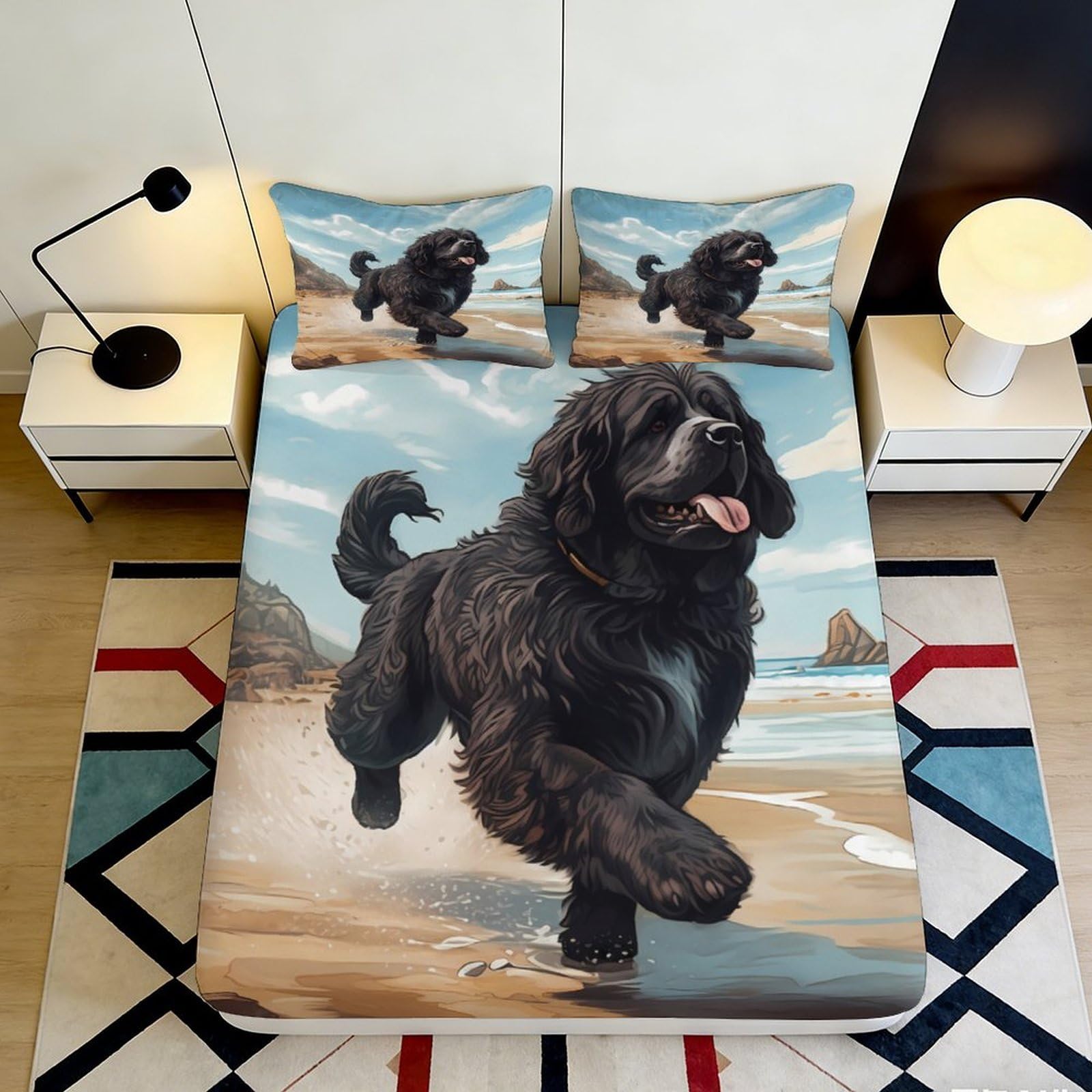 3D Printed Black Newfoundland Dog Fitted Sheet Microfiber Anti-Slip Beach Scene Mattress Cover Bedroom Decor 120x200x25cm