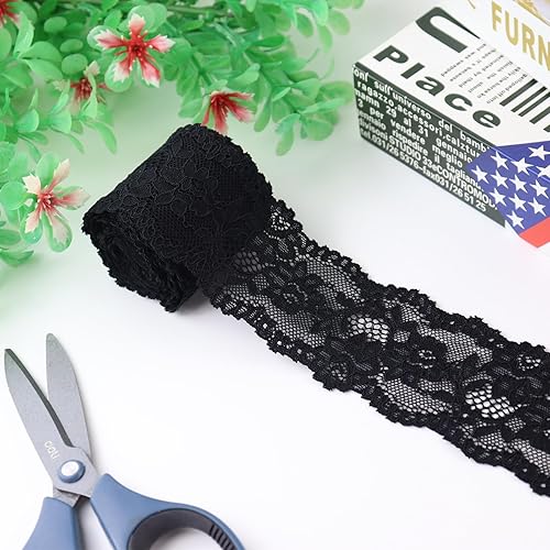 Miniatura 4 de Duuclume Tela de encaje vintage de 2.4 pulgadas x 5 yardas, ribete de encaje negro costura, cinta de encaje elástica  perfecta para manualidades,