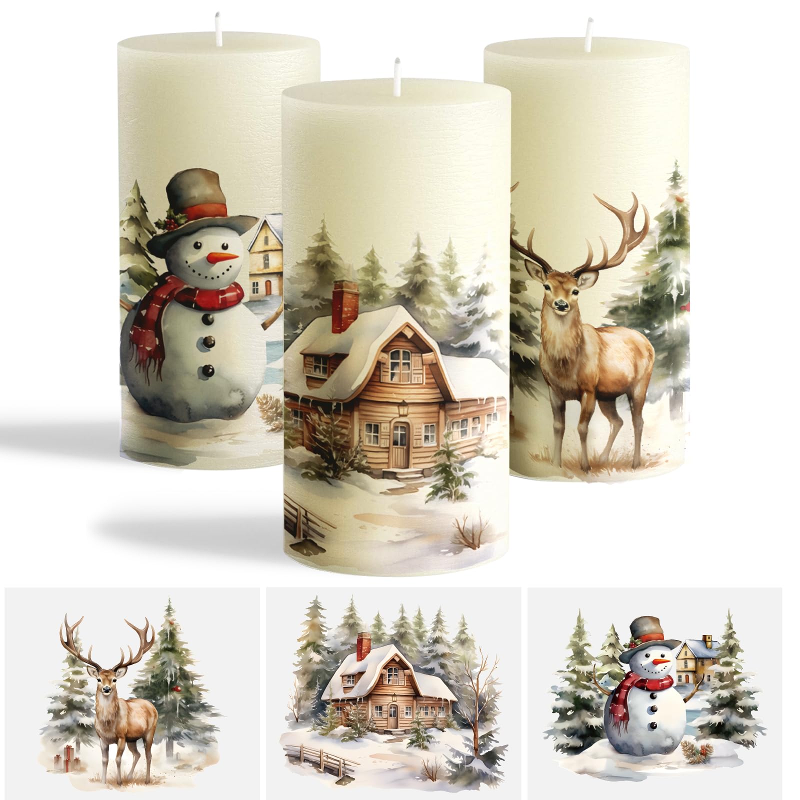 GEBETTER 3 Hojas Tatuajes para Velas Decoración Navidad, Pegatinas Decorativas Papel Transfer Agua, Adornos Velas Tazas Cristal Fiesta Navideña, 15 x 15 cm (Reno Casita Muñeco de Nieve)