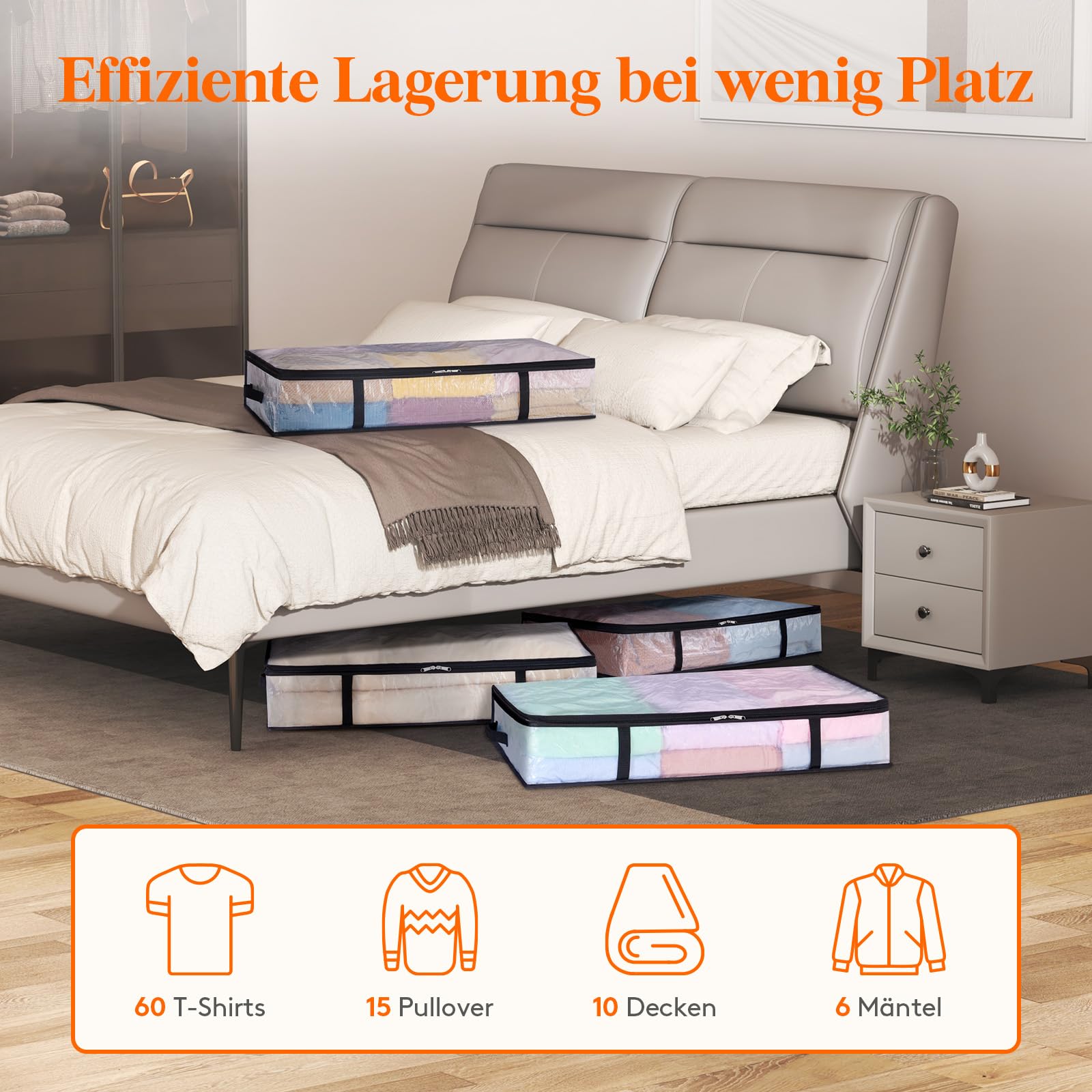 Lifewit 4 Stück Transparente Plastik Unterbett Aufbewahrungstasche, 60L Unterbettkommode Aufbewahrungsbox mit Decke Aufbewahrungstasche Kleidung mit Verstärktem Griff für Bettdecken, Kleidung, Decke