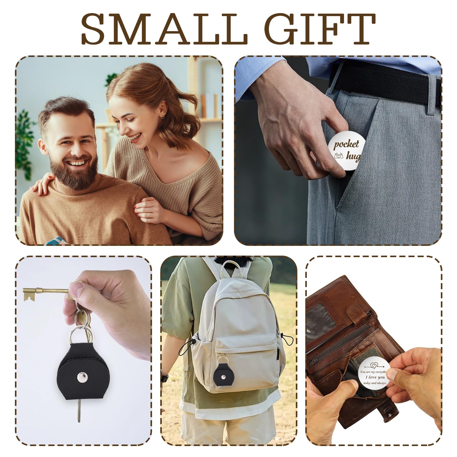 Onperpoe Câlin de poche avec étui en cuir « I Love You » - Cadeaux pour lui, petite amie, cadeaux pour lui, elle, petit ami, cadeau de relation longue distance - Jeton en acier inoxydable, Argenté.,