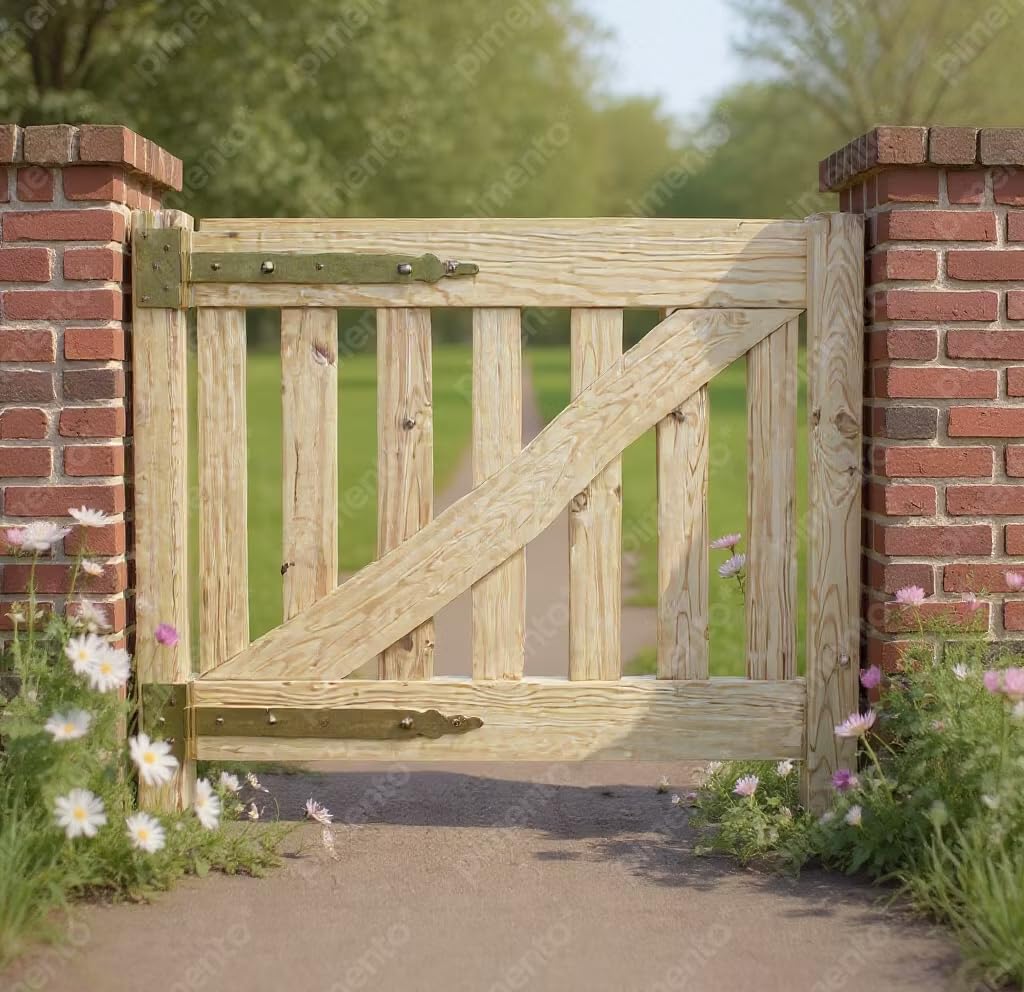 Bastionshop - Gartentor Holz, Gartentür aus Holz - Rustikale Holztor mit Pfosten und Verriegelung, Zauntor aus massivem Kiefernholz, Lattenzaun Tor - Unlackiert, Gate - 120x85cm (v.13)
