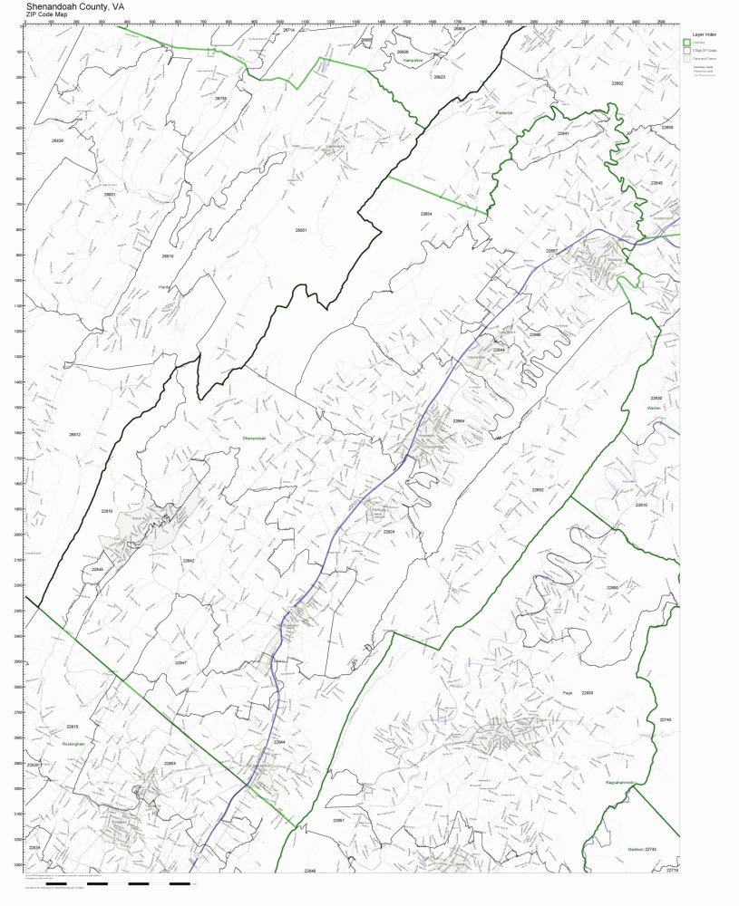 Shenandoah County, Virginia VA ZIP Code Map Not Laminated