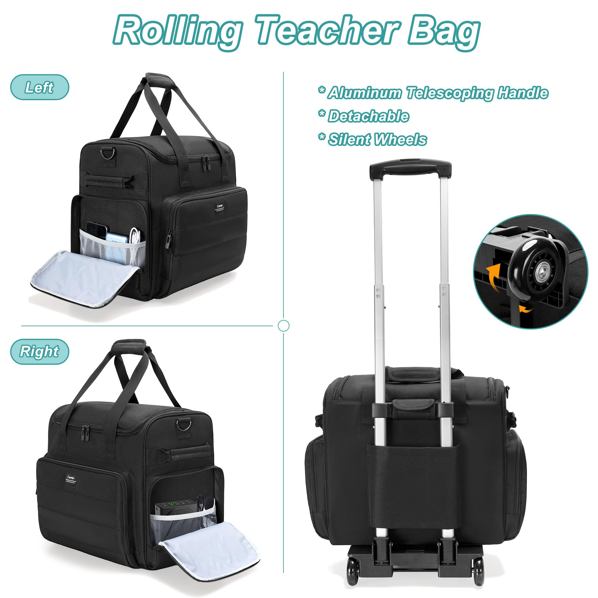 CURMIO Sac de Travail pour Enseignant, Sac à roulettes pour Professeur avec Compartiments de Dossiers Extensibles, Convient aux Ordinateurs Portables Jusqu'à 15,6", Noir (Design Breveté)