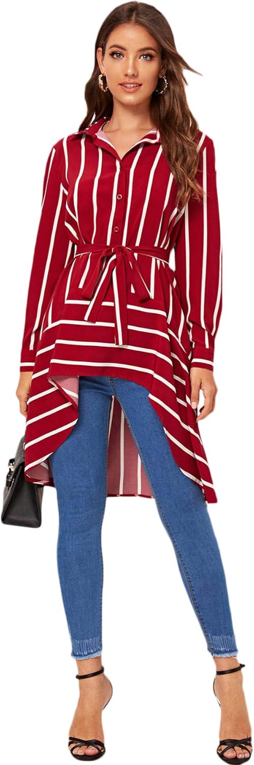 High low hem belted striped top Clearance