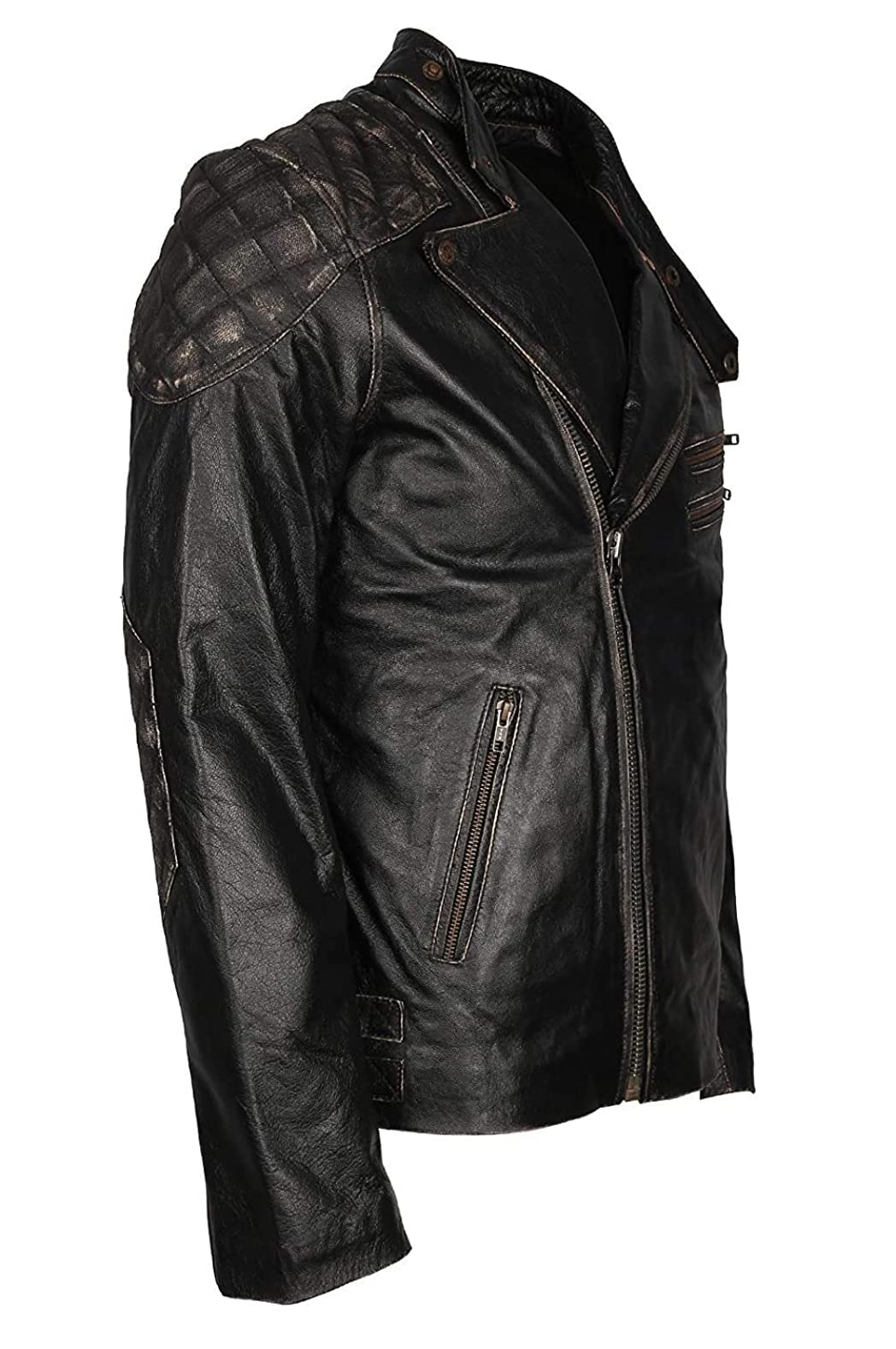 Cráneo en relieve Huesos Negro envejecido Vintage Cafe Racer Motocicleta Biker Negro Chaqueta de cuero para hombre