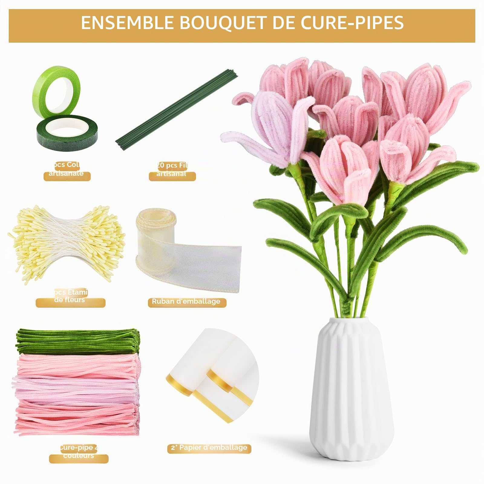 Kit de Fleurs DIY 350Pcs – Fil Chenille Pastel pour Enfants – Cure-Pipe Fleur avec Tige Verte – Loisir Créatif Bouquet de Roses