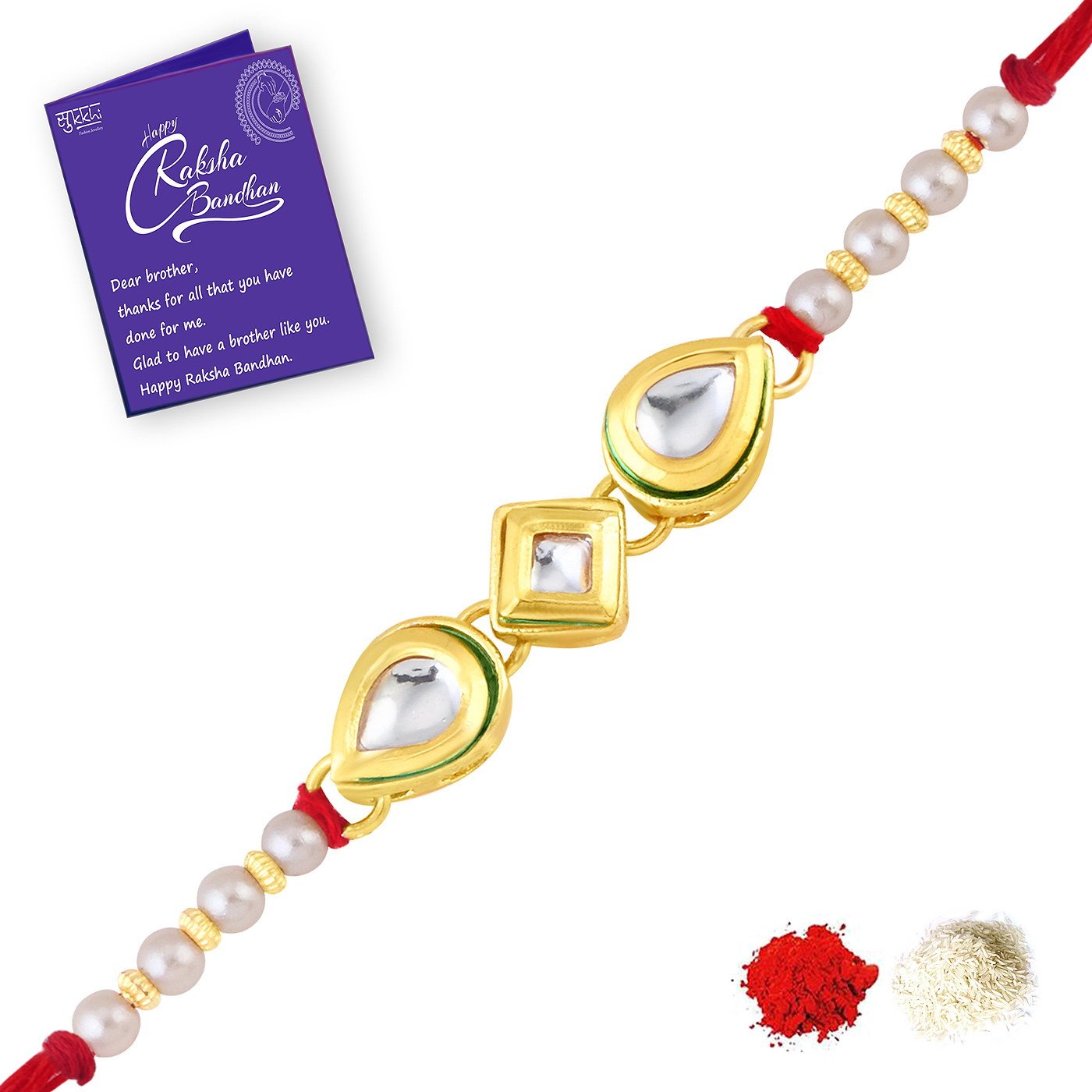 Sukkhi Rakhi Cultivated Kundan Designer Gold Plated Premium Rakhi for Brother With Roli Chawal & Greeting Card | Rakhi for Bhaiya | Rakhi for MEN | Kundan Rakhi | (RAK73414) (B0CD84R9D1) Amazon Price History, Amazon Price Tracker