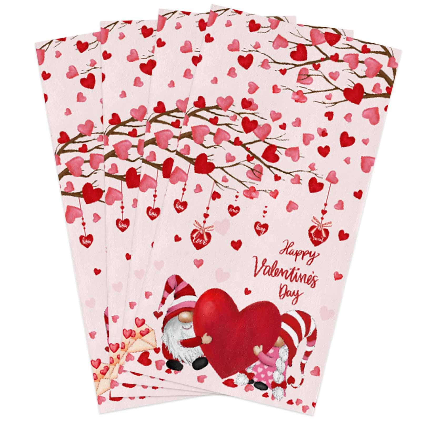 Happy Valentine's Day Kitchen Towels,Gnomes Red Heart Pink 18x28 Inches Soft Kitchen Dish Cloth, Love Tree Cotton Tea Towels/Bar Towels/Hand Towels,(4 Pack)