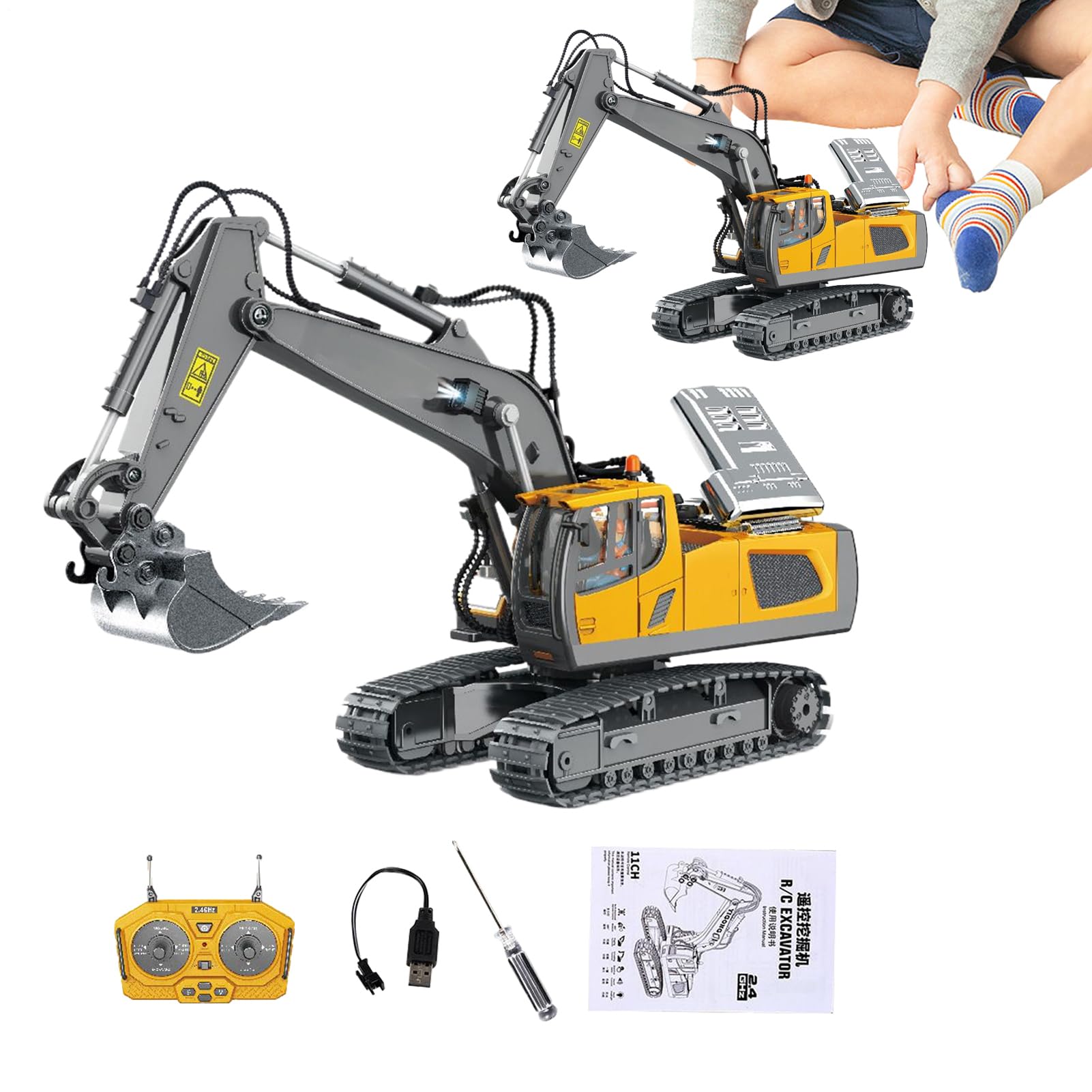 Générique Pelleteuse RC – Mini Tracteur Télécommandé | Jouet Véhicule de Construction avec Lumières & Sons, Rechargeable USB, Amusement Intérieur & Extérieur, Cadeau d’Anniversaire pour Garçons