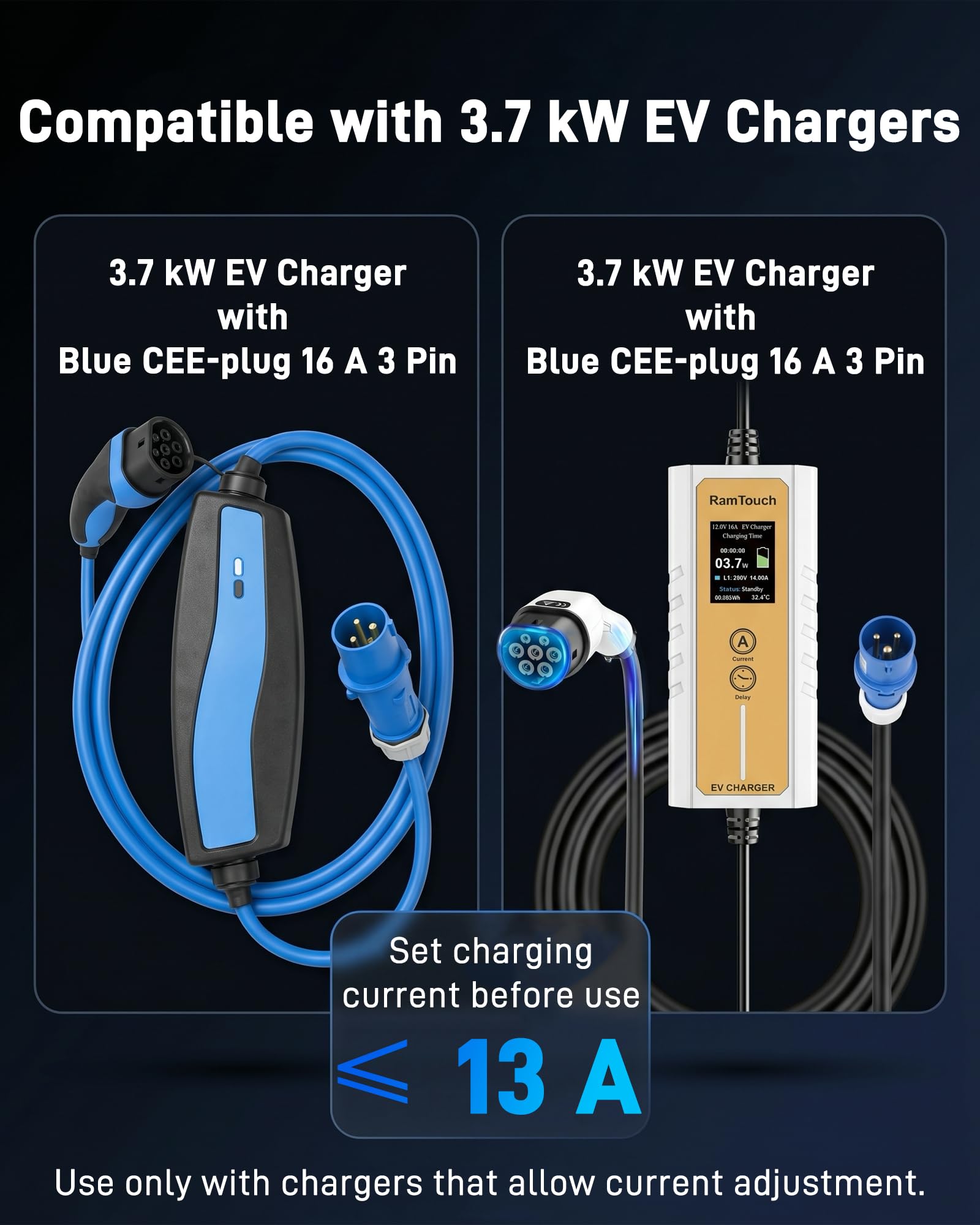 Adaptateur CEE (Fiche Schuko Mâle vers Prise Femelle CEE P17 Bleue 16 A, 3 Pôles) | Câble Adaptateur 3G2,5 mm², 0,5 m / 230 V/Max. 16 A | pour Chargeur VE Réglable, Camping et Caravane