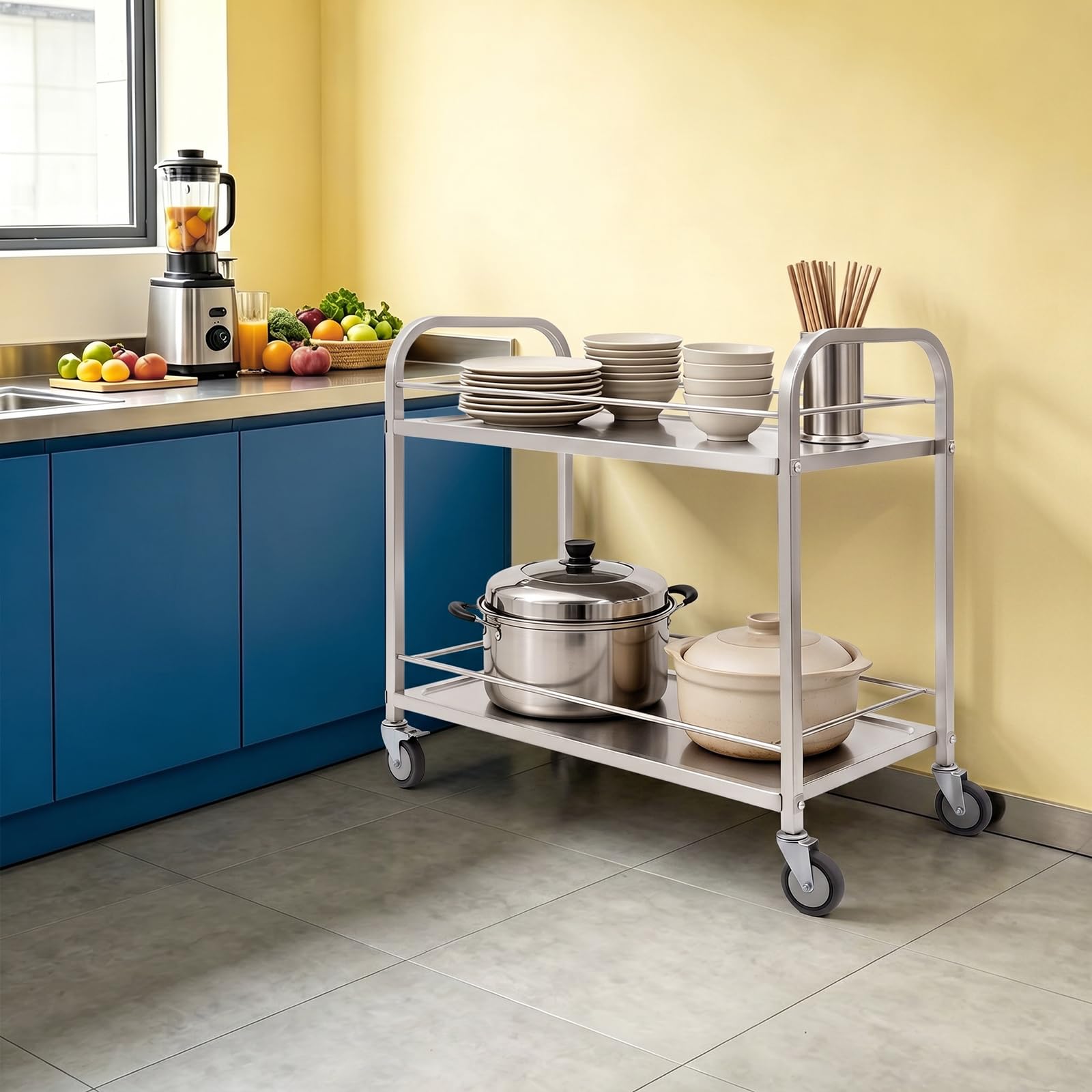 Carrito de cocina de acero inoxidable con 2 niveles para cocina, restaurante | Carrito de cocina con barandilla elevada para cocina, hotel, restaurante y catering