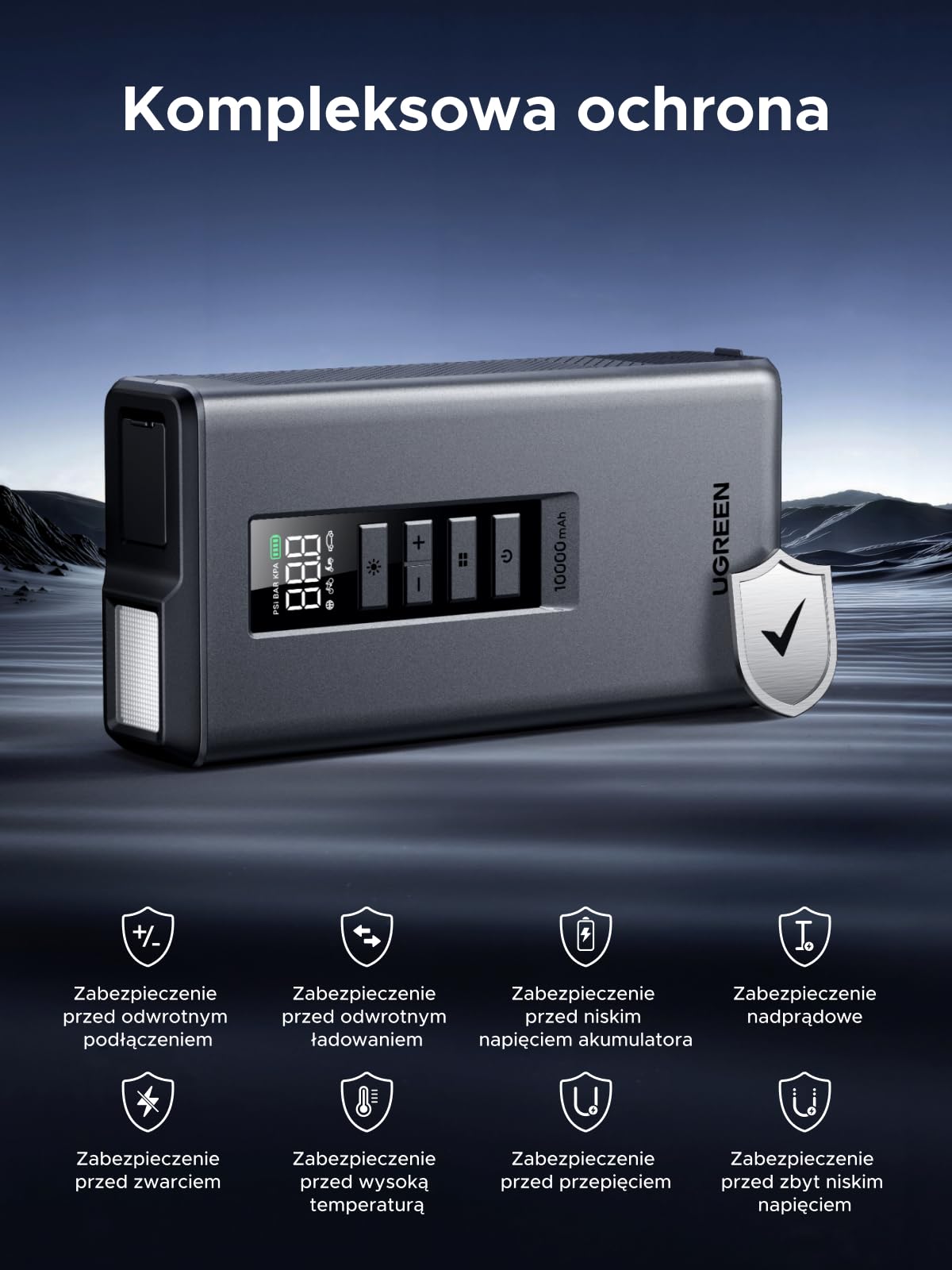 UGREEN 3 w 1 Powerbank 10000 mAh do samochodów z pompką | Ładowarka samochodowa 1000A, duża pojemność, 150 psi, akumulator samochodowy 12 V do benzyny i oleju napędowego, przenośna