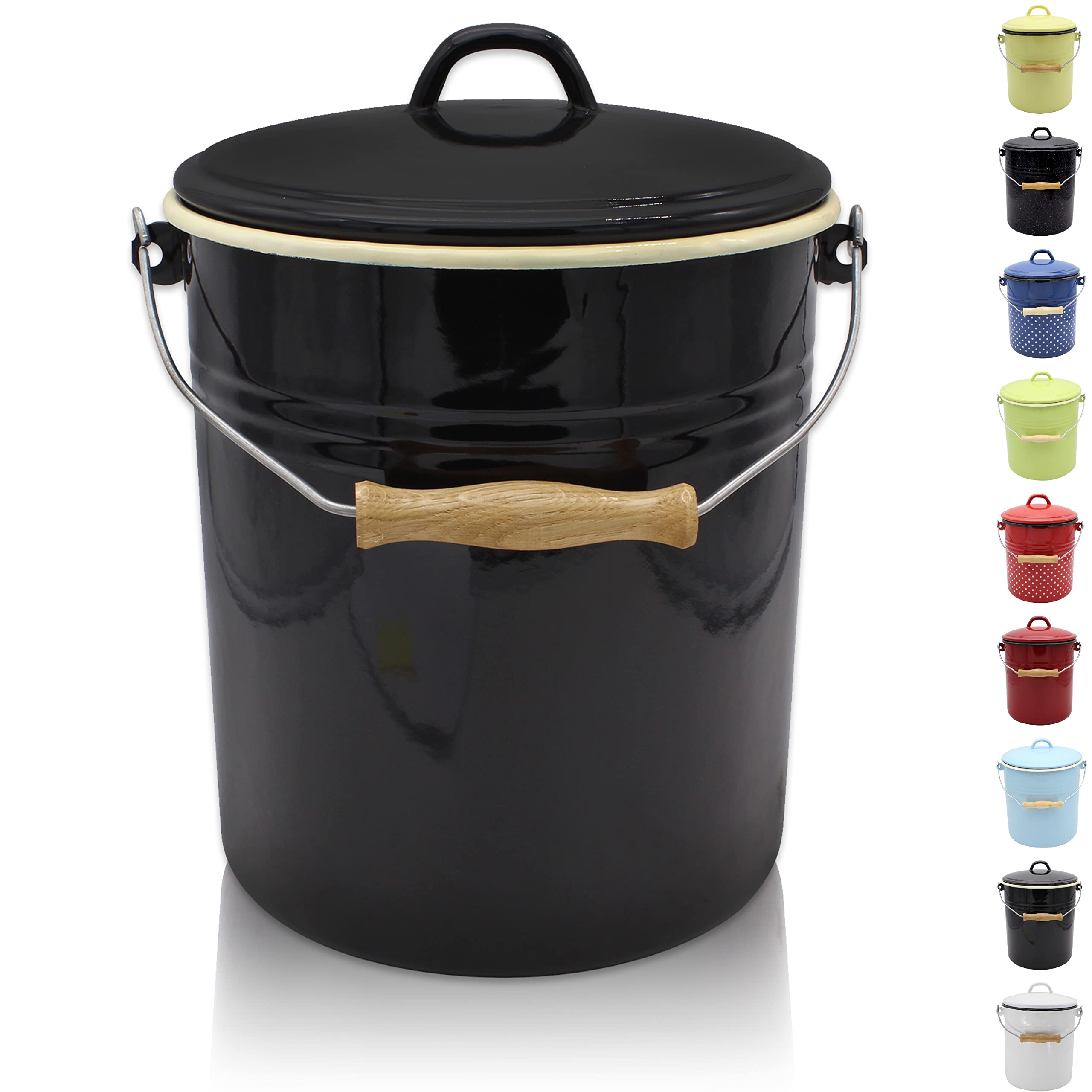 Krüger Poubelle avec couvercle - Poubelle en acier avec revêtement en émail et poignée en bois - Surface résistante aux coupures et aux rayures - Durable et polyvalente (10 l, Triest)