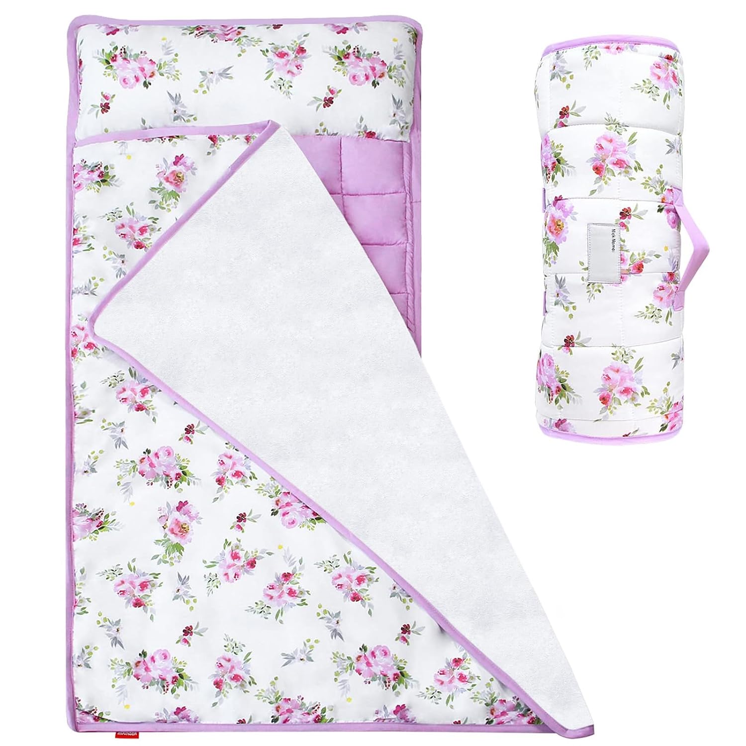 Toddler Nap Mat for Girls Floral, Kids Sleeping Mat with Pillow and Fleece Blanket, Lightweight Perfect for Kids Preschool, Daycare, Travel Sleeping Bag, Fit Standard Cot