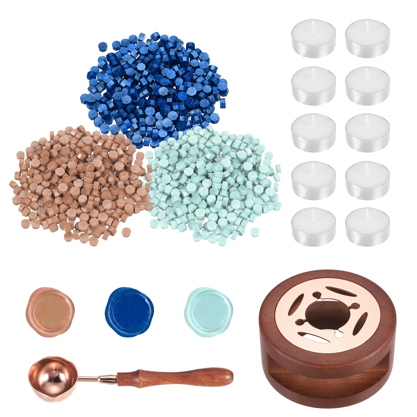 PATIKIL Wax Seal Kit, 300 Pcs Wax Sealing Beads, Wooden Warmer, Melted Spoon, 10 Pcs Tealight Candles for Envelope Letter Mailing Crafts DIY, Sea Blue/Snow Blue/Almond Skin