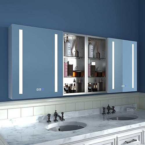 ExBrite Botiquín de baño con luz LED con espejo 64 x 26 pulgadas botiquín LED con gabinete de almacenamiento extra cerrado desempañamiento