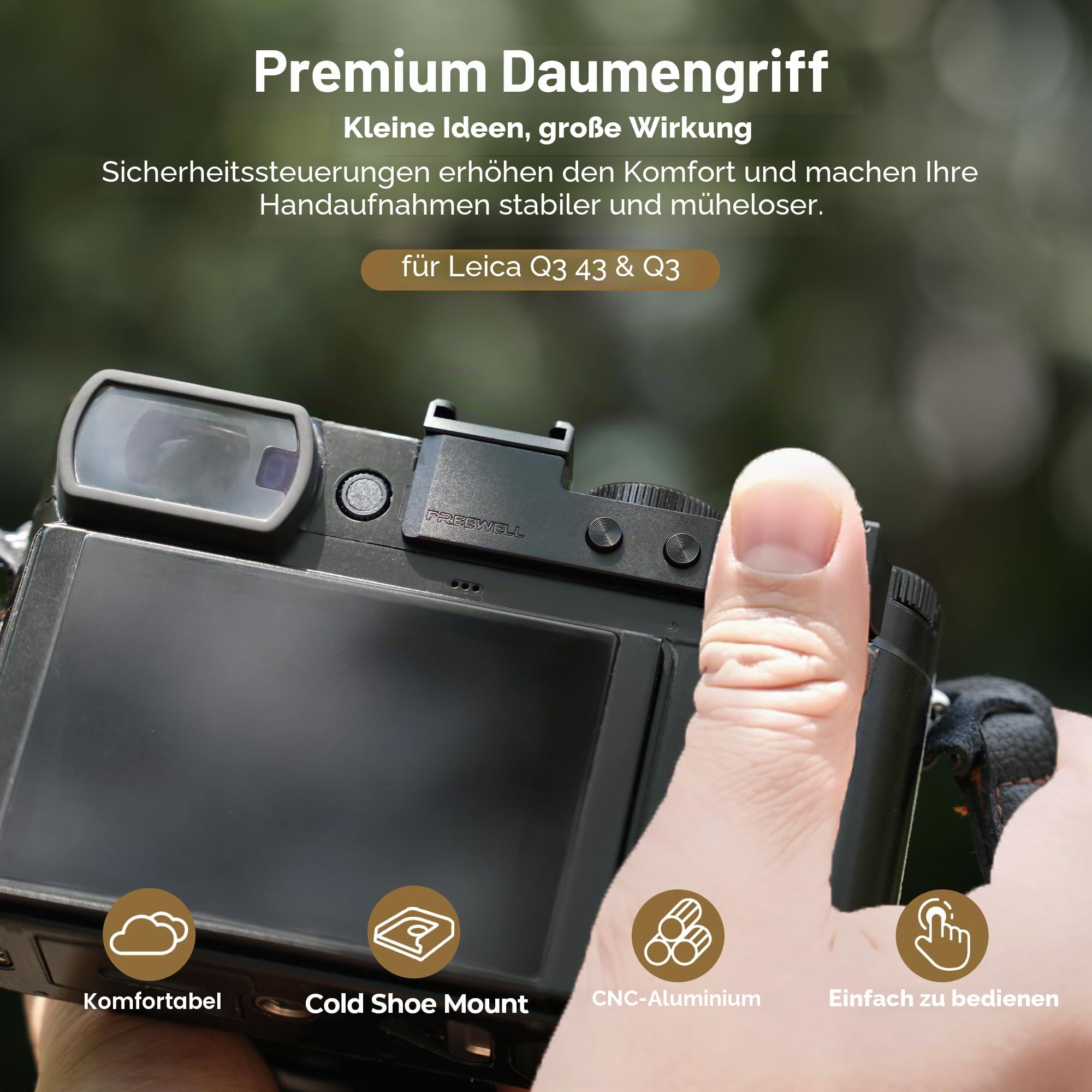 FREEWELL Daumengriff für Leica Q3 & Q3 43 mit Kaltschuhhalterung, CNC Aluminium, Kratzfeste Silikonpolsterung