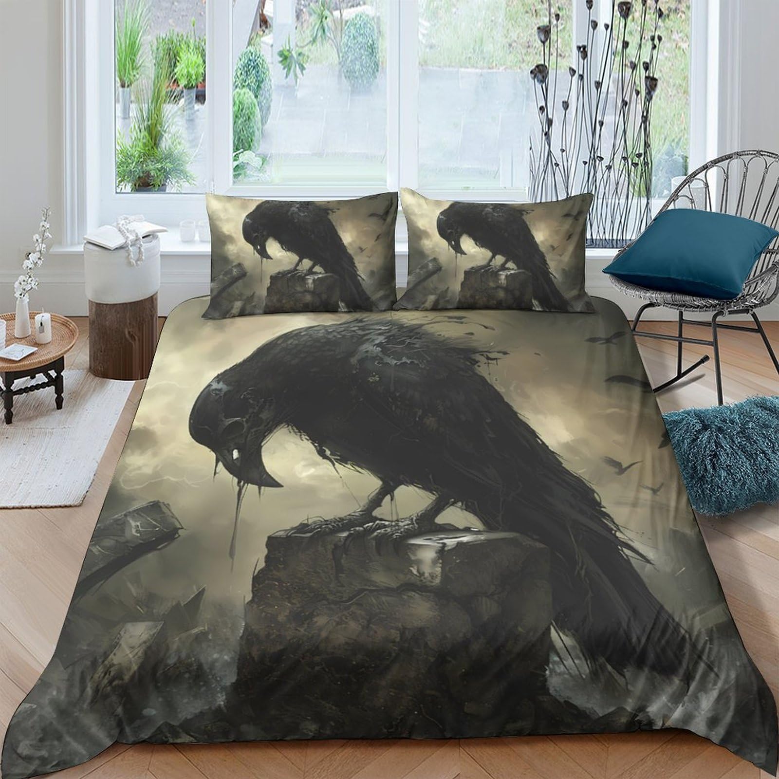 Ctjqhvkz Style-1 3D Printed Dark Raven Fitted Sheet Microfiber Artistic Crow Bed Cover For Bedroom Dorm Easy Care Decor Single（135X200cm）