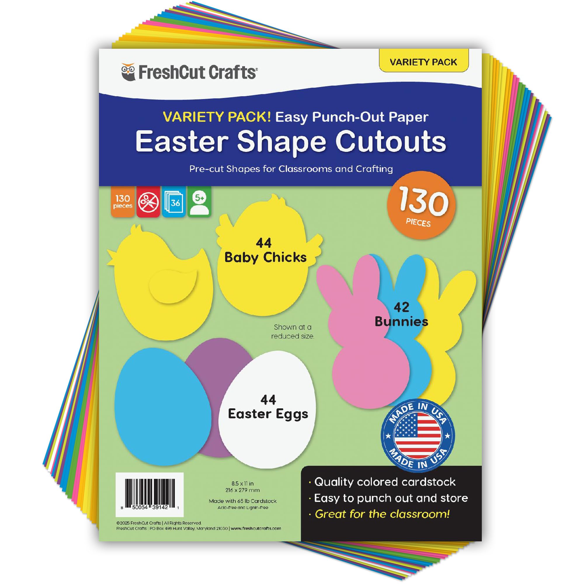 130 Pieces Eggs, Baby Chicks & Bunny Punch Out Paper Cutouts for Easter Decorations, 2-Sided US Made Card Stock cutouts for Easter Crafts, Spring